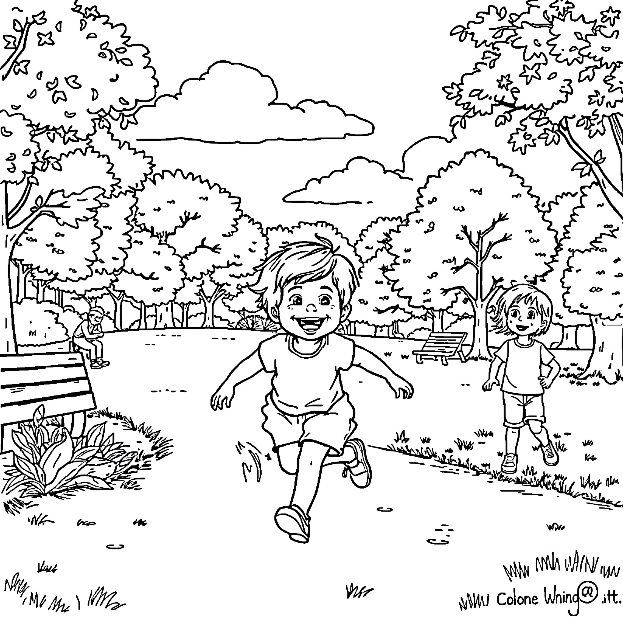 Children playing happily in a park Coloring Page (free black-and-white line drawing printable PDF for all, from beginners to advanced learners, including children, teens, adults, and seniors)