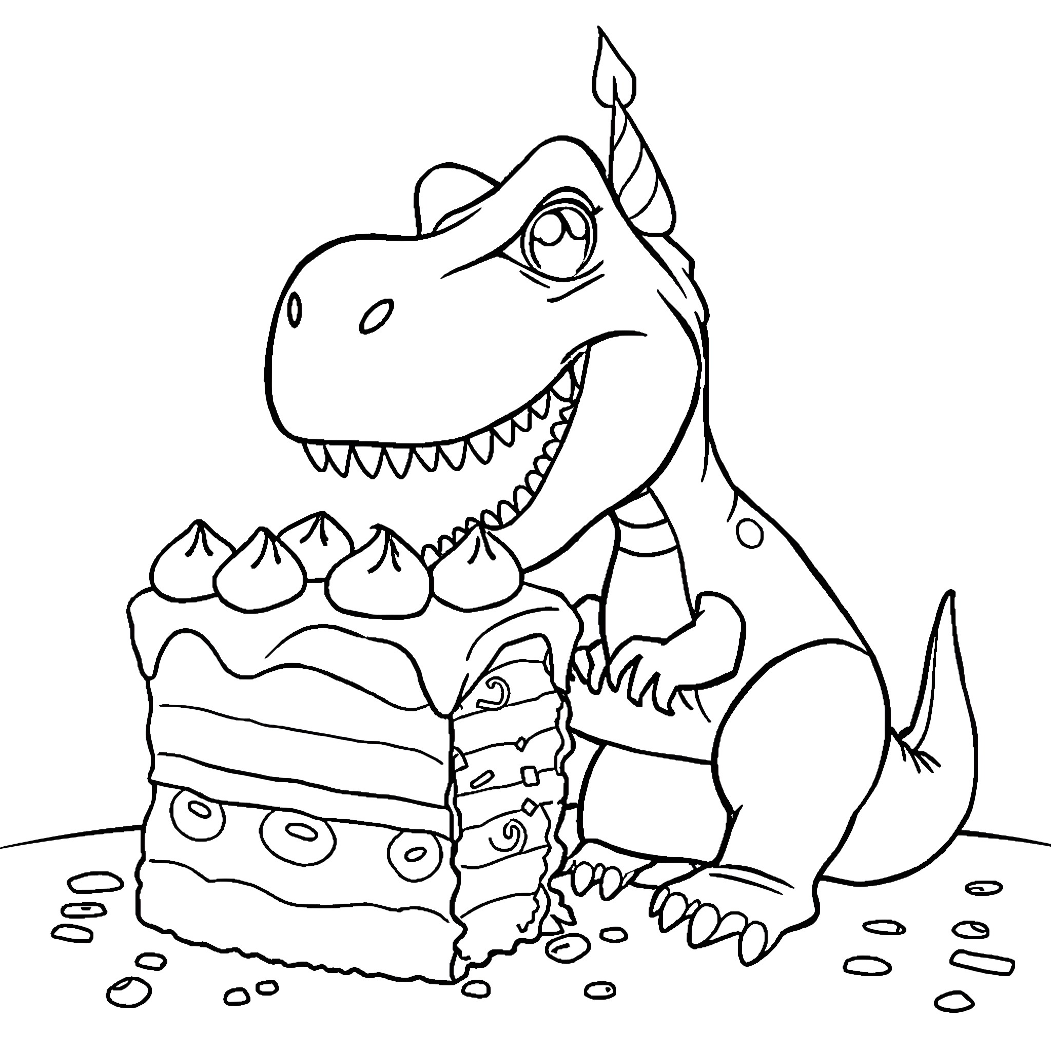 Dinosaur enjoying a birthday cake Coloring Page (free black-and-white line drawing printable PDF for all, from beginners to advanced learners, including children, teens, adults, and seniors)