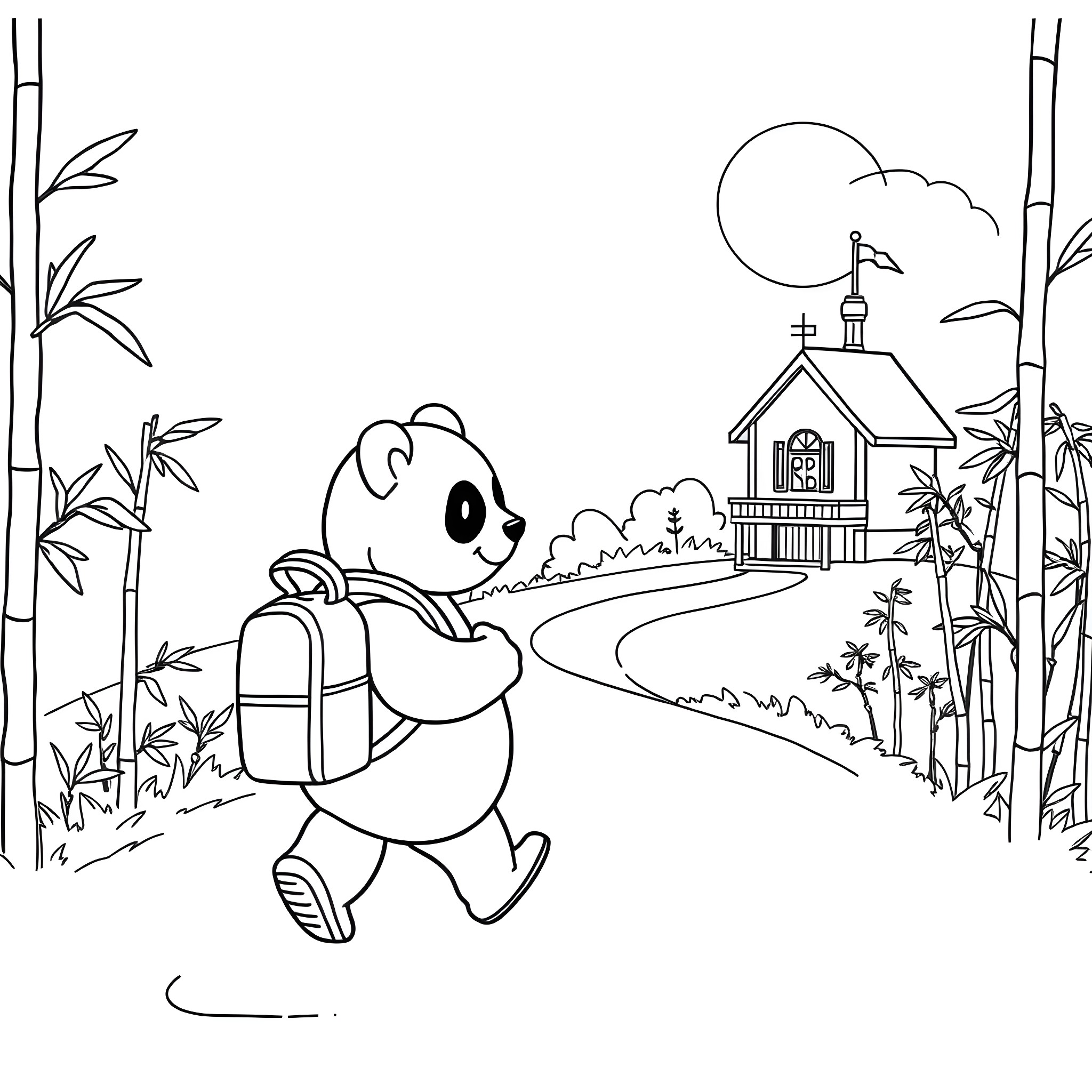 Panda exploring the scenic bamboo forest path Coloring Page (free black-and-white line drawing printable PDF for all, from beginners to advanced learners, including children, teens, adults, and seniors)