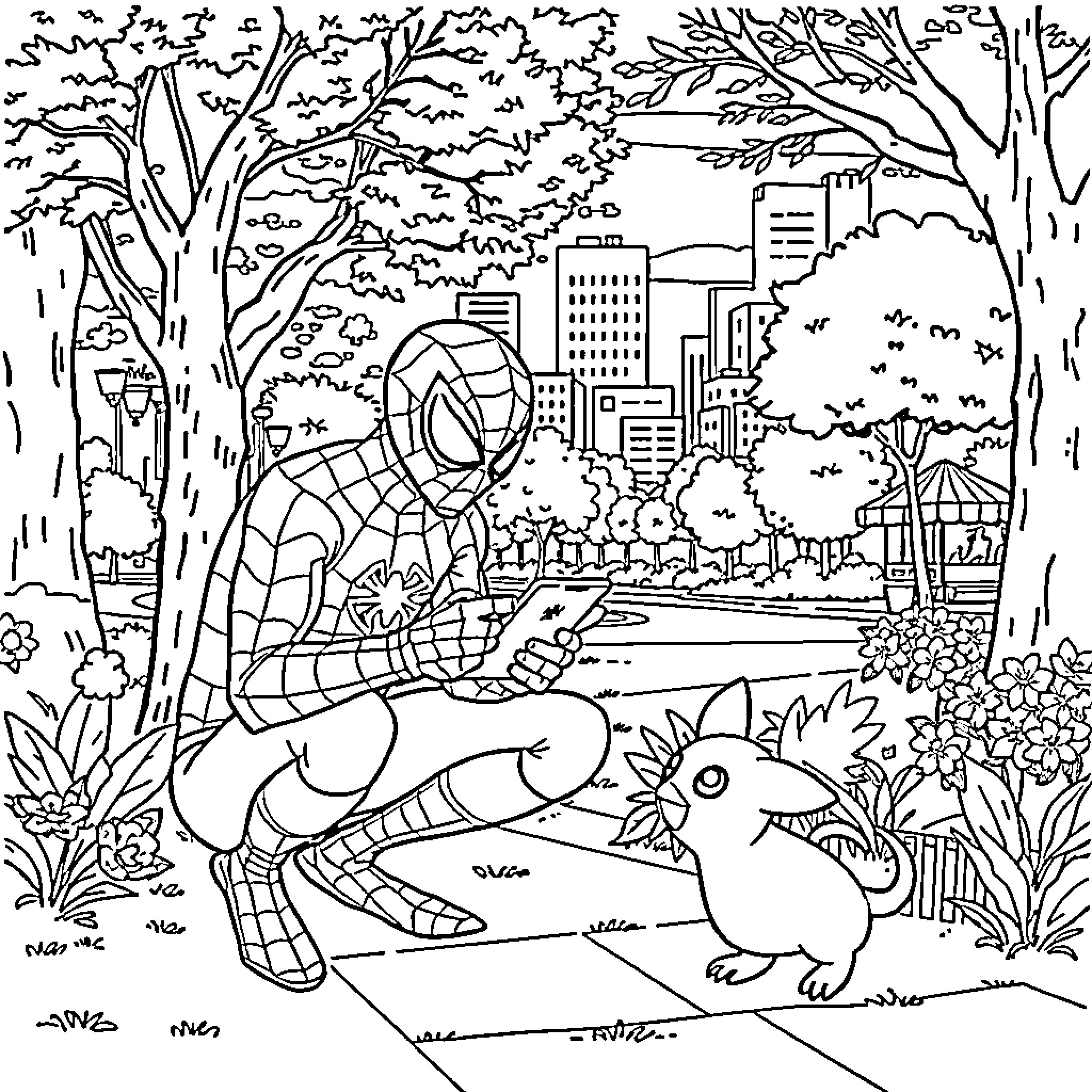 Spiderman explores the city with animal companions Coloring Page (free black-and-white line drawing printable PDF for all, from beginners to advanced learners, including children, teens, adults, and seniors)