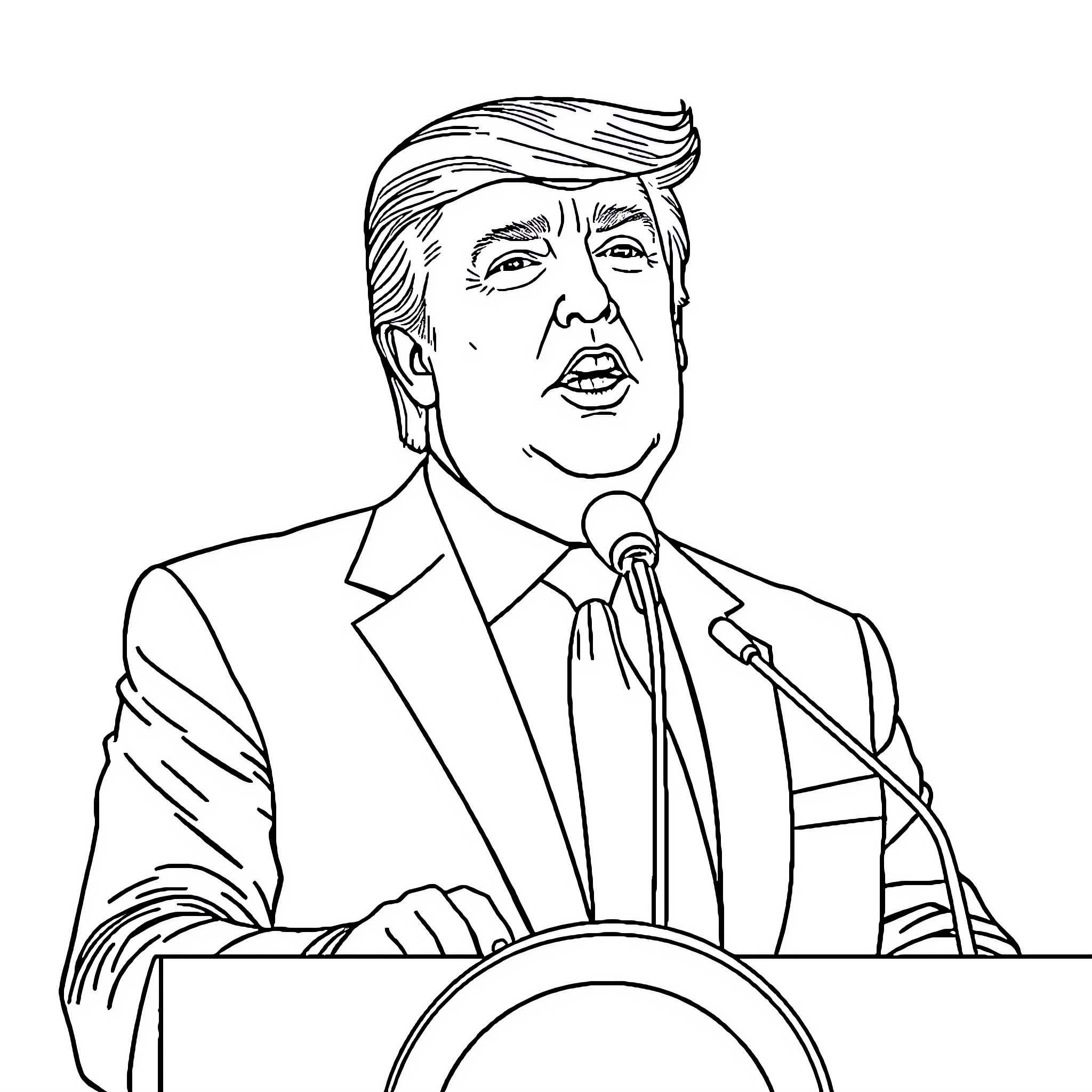 Donald Trump Delivering Speech at Podium Coloring Page (free black-and-white line drawing printable PDF for all, from beginners to advanced learners, including children, teens, adults, and seniors)
