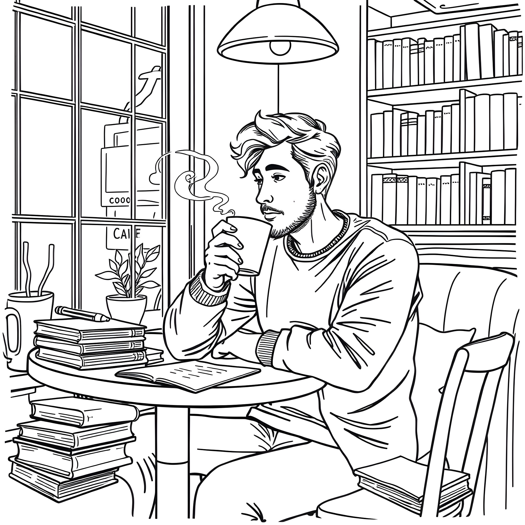 Adult pensive man studying in a cozy library Coloring Page (free black-and-white line drawing printable PDF for all, from beginners to advanced learners, including children, teens, adults, and seniors)