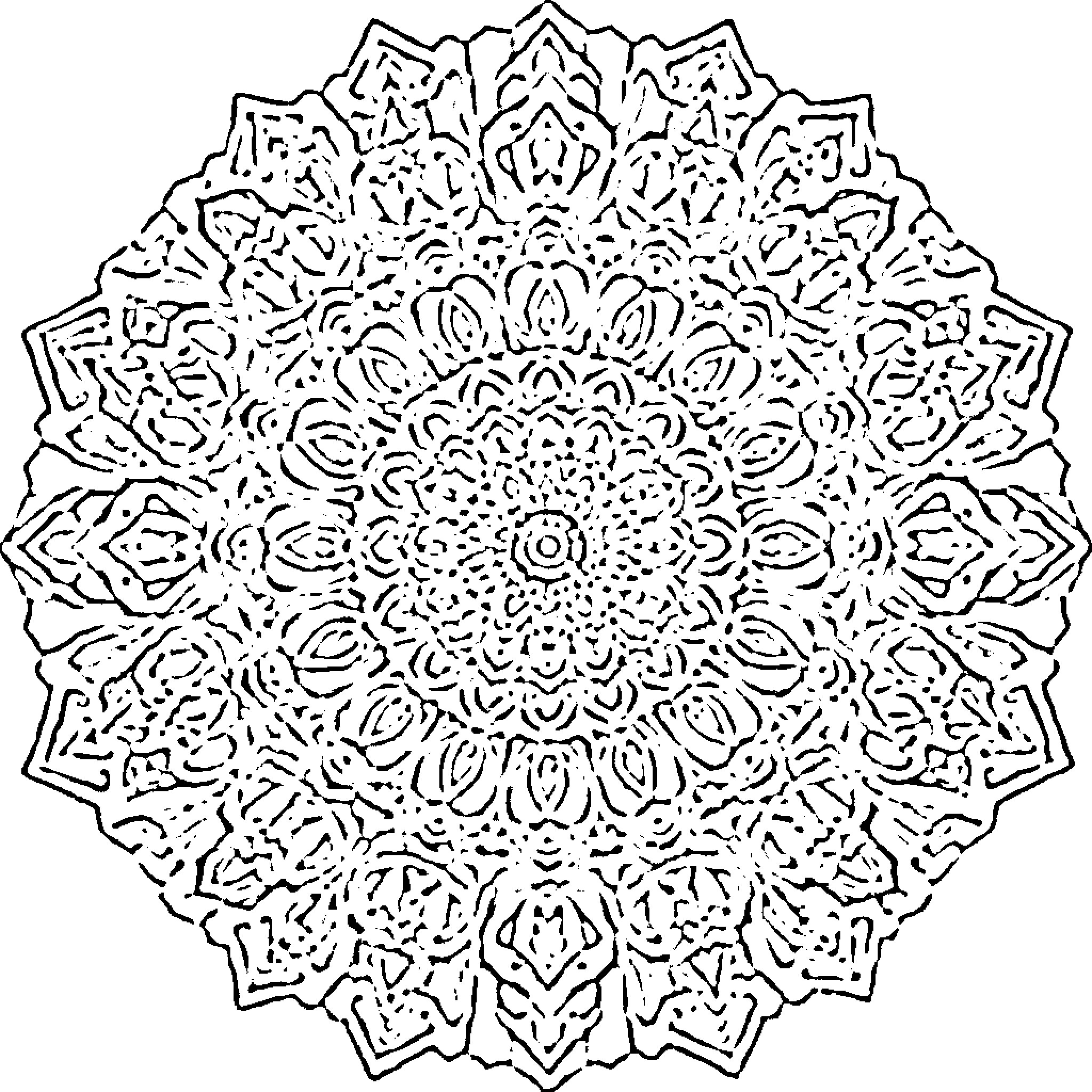 Mandala of intricate floral patterns Coloring Page (free black-and-white line drawing printable PDF for all, from beginners to advanced learners, including children, teens, adults, and seniors)