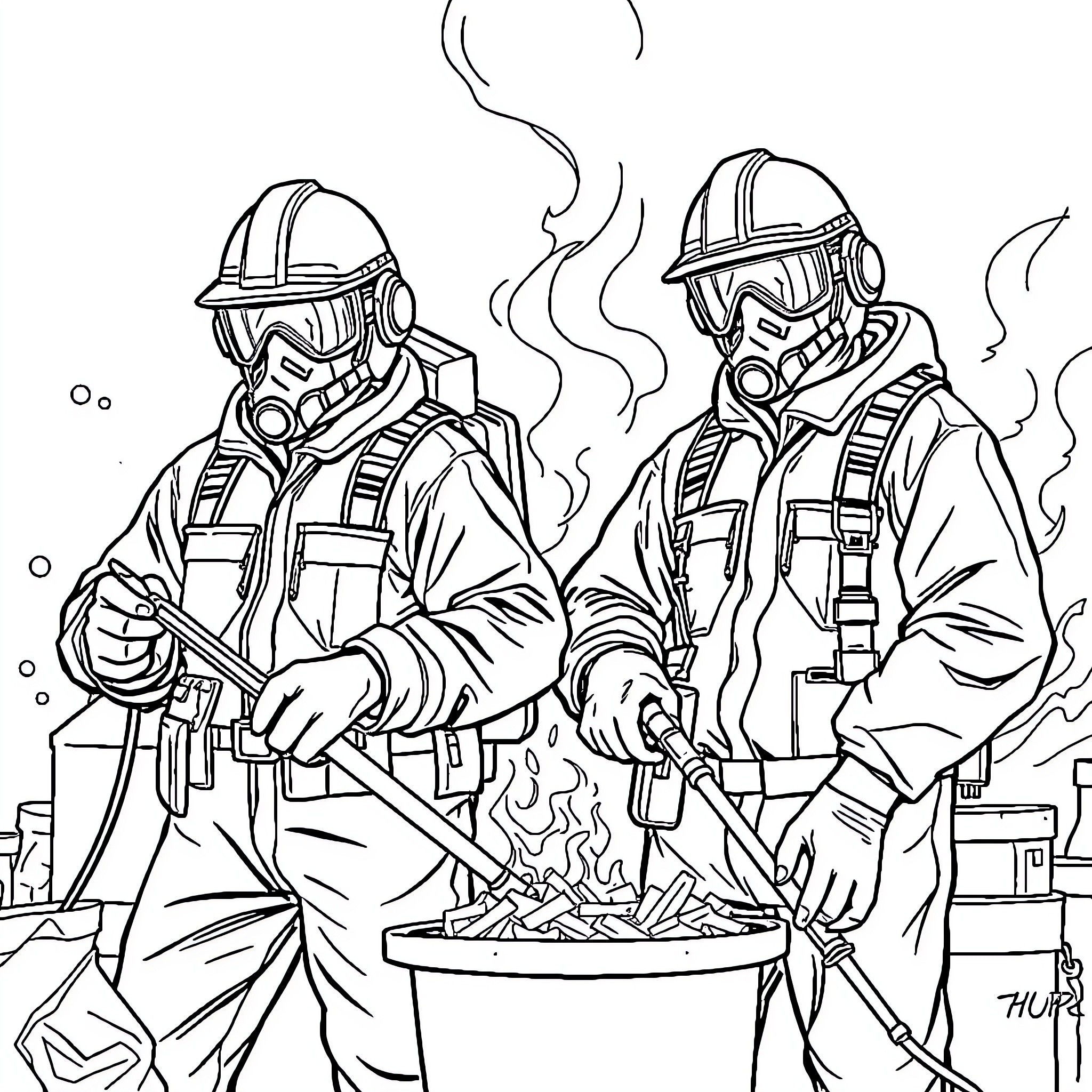 Technicians Working Diligently in Hazardous Conditions Coloring Page (free black-and-white line drawing printable PDF for all, from beginners to advanced learners, including children, teens, adults, and seniors)