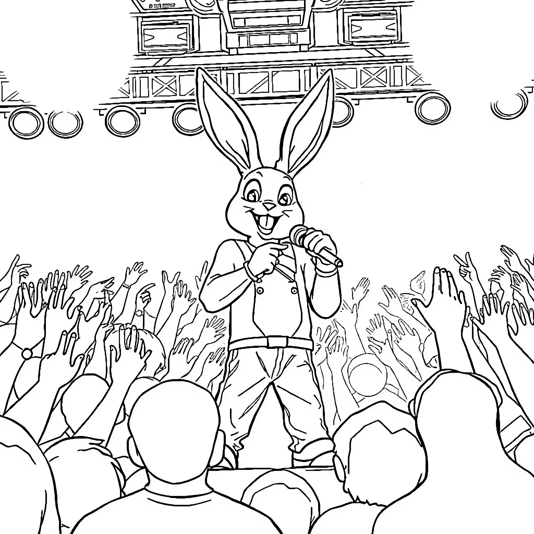 Bad Bunny performing on stage with enthusiastic crowd Coloring Page (free black-and-white line drawing printable PDF for all, from beginners to advanced learners, including children, teens, adults, and seniors)