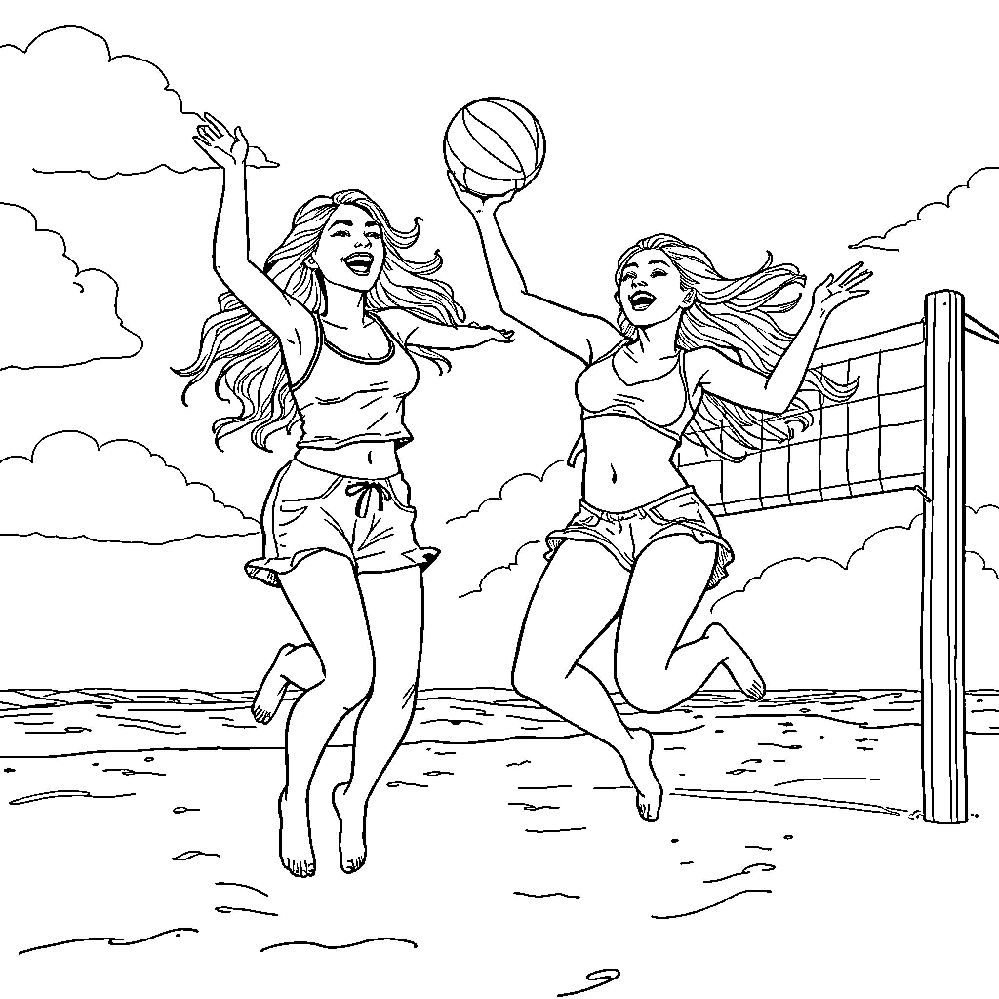 Selena Gomez enjoying beach volleyball with friends Coloring Page (free black-and-white line drawing printable PDF for all, from beginners to advanced learners, including children, teens, adults, and seniors)