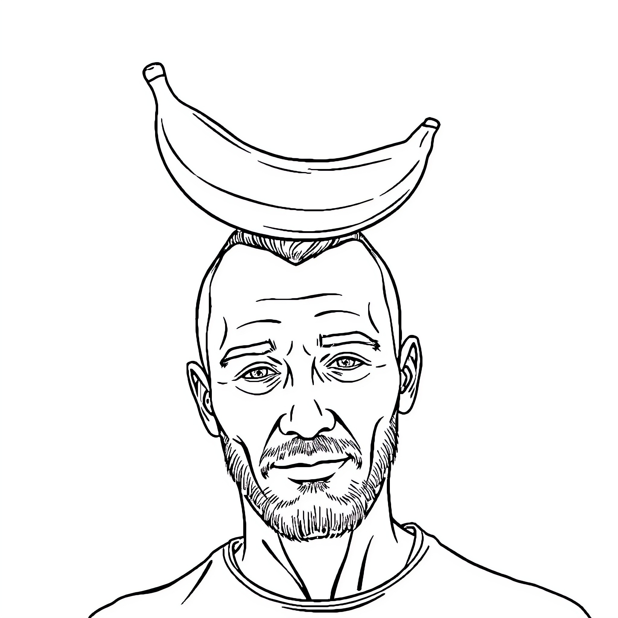 Man balances banana on head in playful manner Coloring Page (free black-and-white line drawing printable PDF for all, from beginners to advanced learners, including children, teens, adults, and seniors)