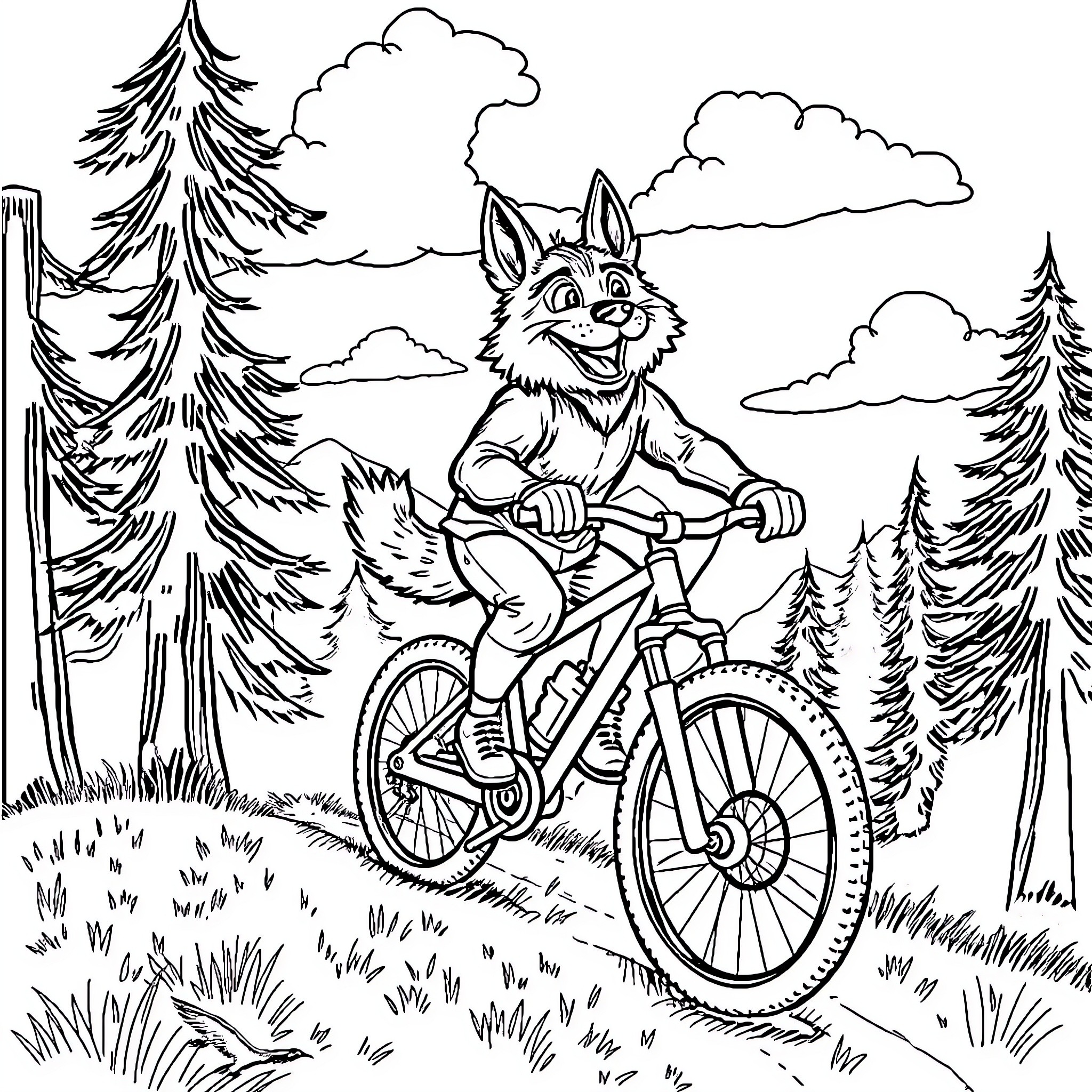 Dogman riding a bicycle through the forest Coloring Page (free black-and-white line drawing printable PDF for all, from beginners to advanced learners, including children, teens, adults, and seniors)