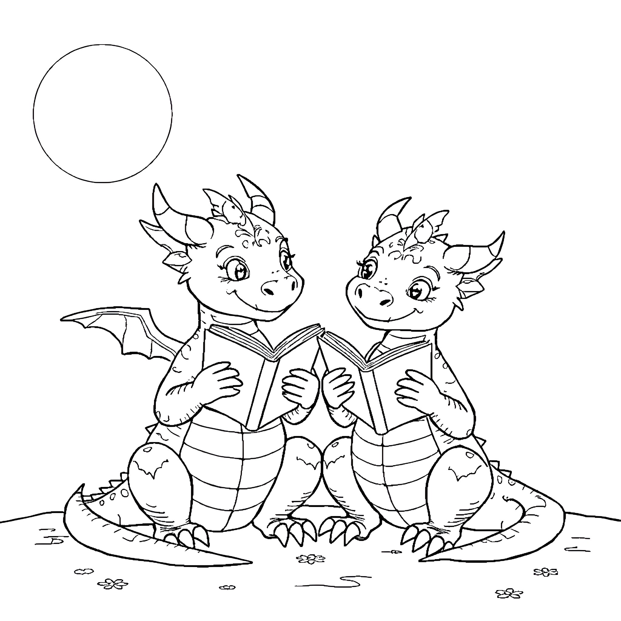 Dragon siblings reading books together Coloring Page (free black-and-white line drawing printable PDF for all, from beginners to advanced learners, including children, teens, adults, and seniors)