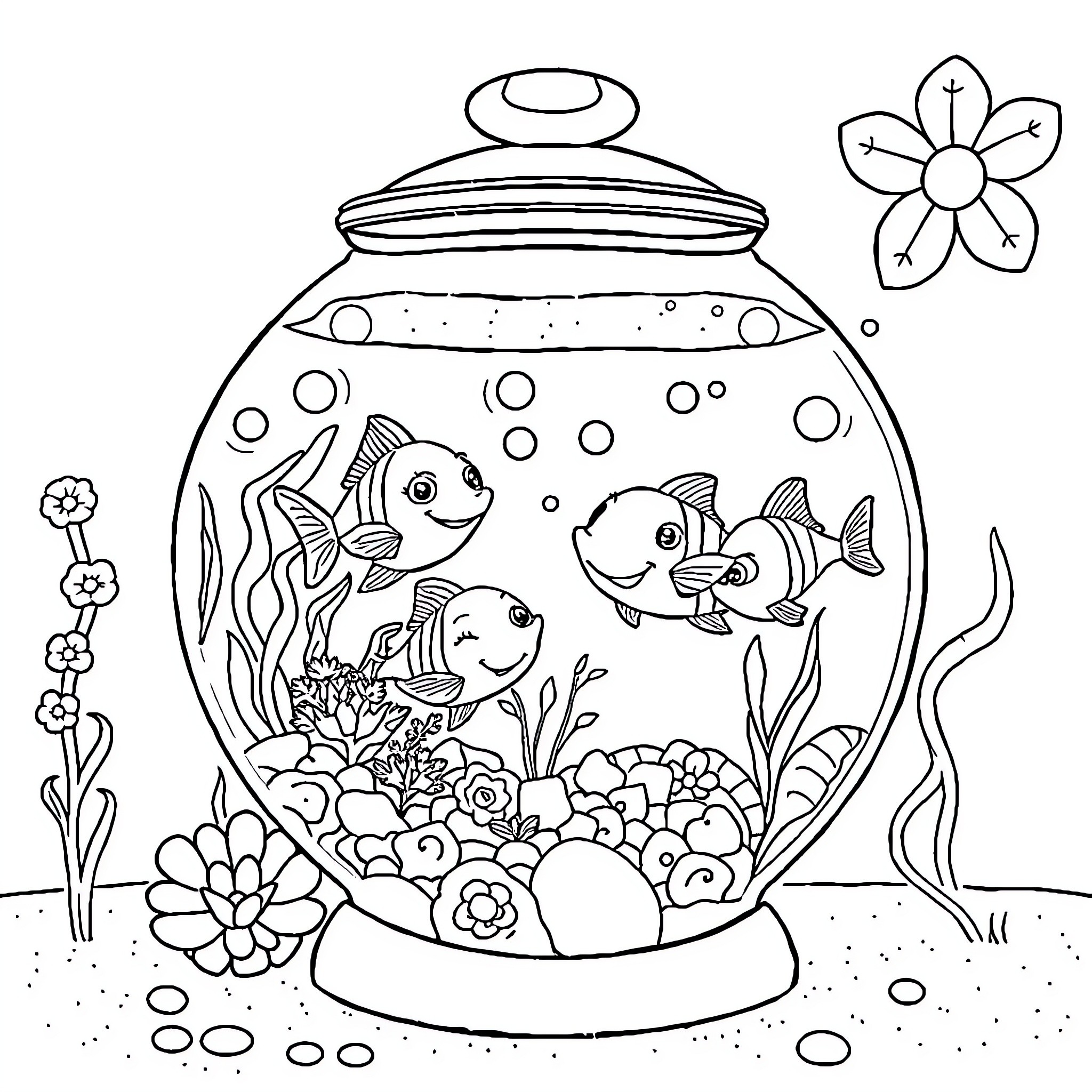 Aquarium with playful fish and flowers Coloring Page (free black-and-white line drawing printable PDF for all, from beginners to advanced learners, including children, teens, adults, and seniors)