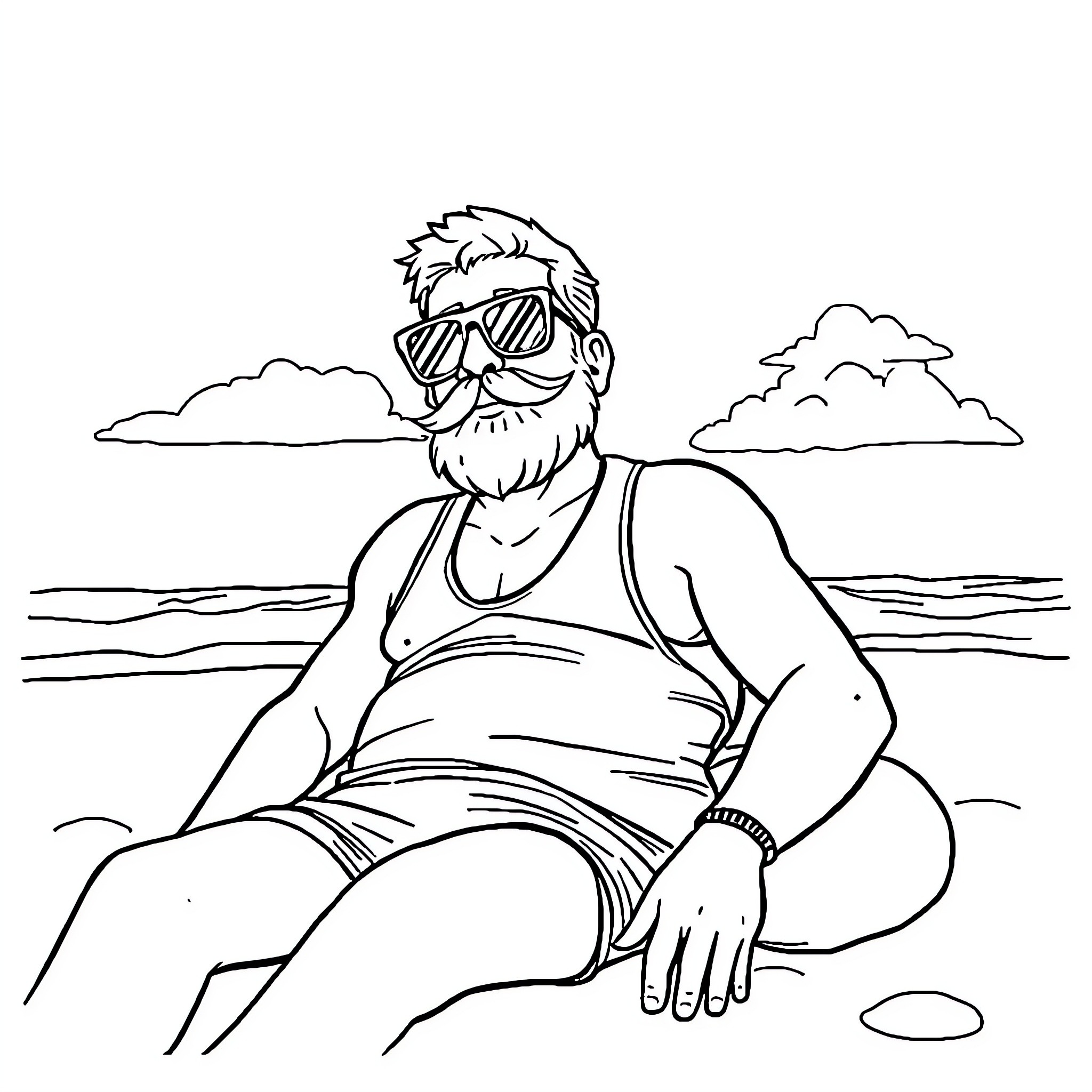 Santa Claus relaxing on the beach Coloring Page (free black-and-white line drawing printable PDF for all, from beginners to advanced learners, including children, teens, adults, and seniors)