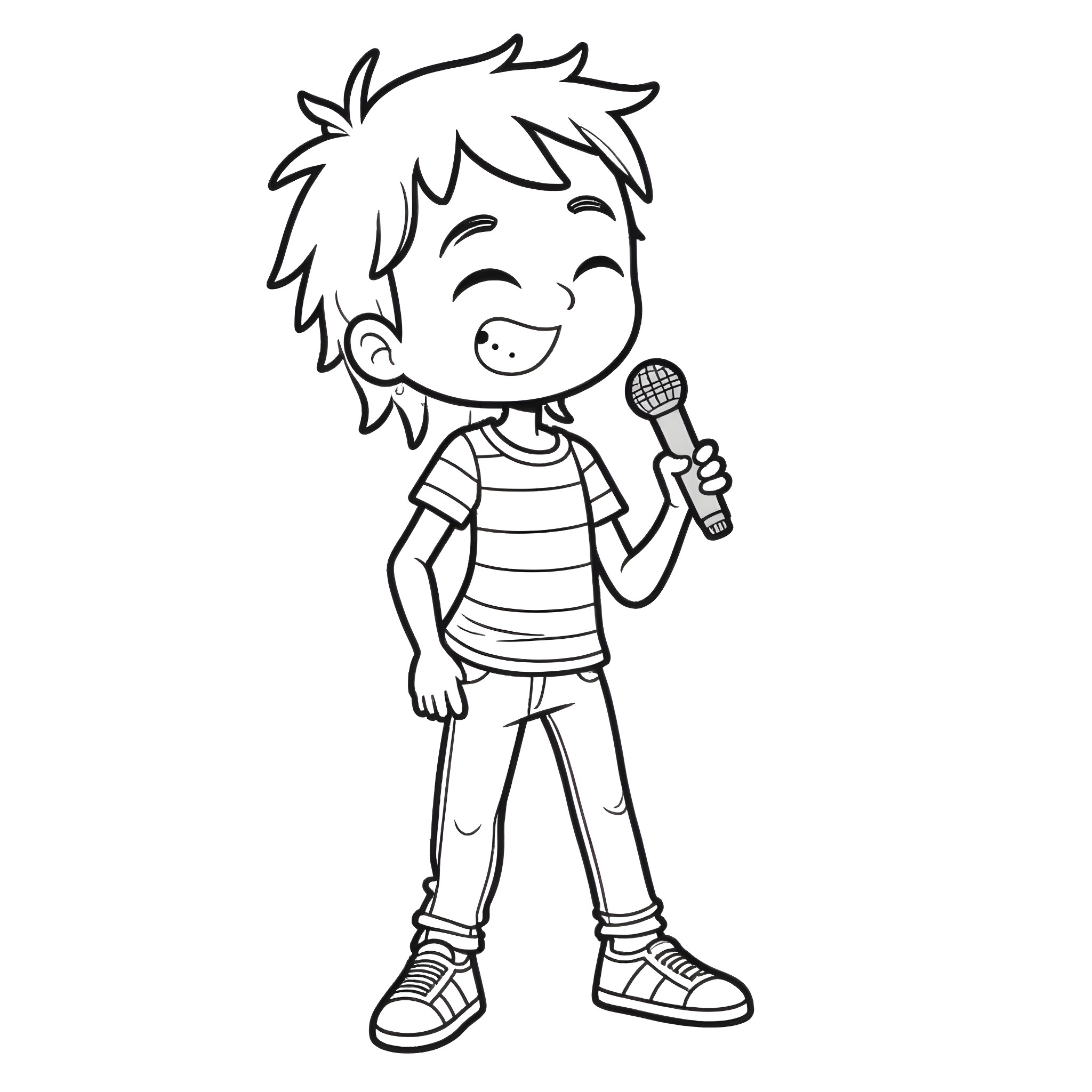 Felix Happily Singing into a Microphone Coloring Page (free black-and-white line drawing printable PDF for all, from beginners to advanced learners, including children, teens, adults, and seniors)