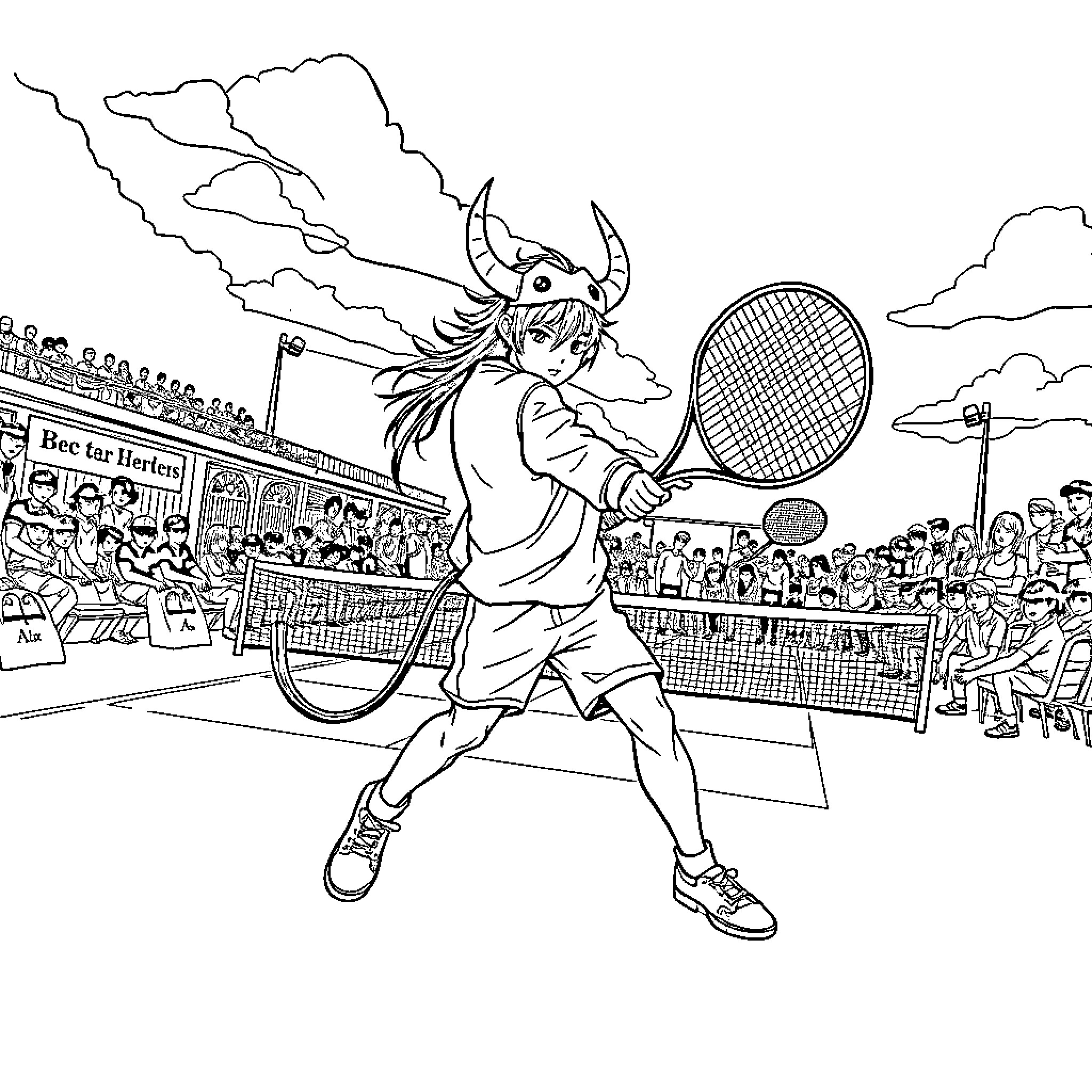 Demon tennis player competing on the court Coloring Page (free black-and-white line drawing printable PDF for all, from beginners to advanced learners, including children, teens, adults, and seniors)