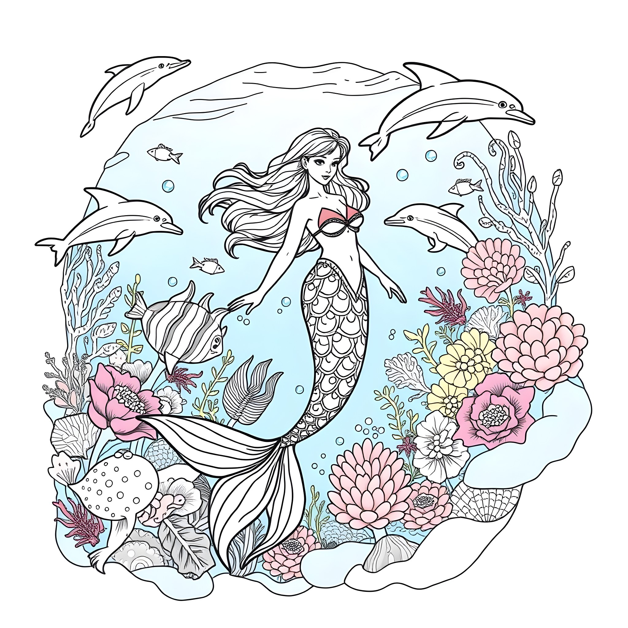 Mermaid swimming among dolphins, coral, and flowers Coloring Page (free black-and-white line drawing printable PDF for all, from beginners to advanced learners, including children, teens, adults, and seniors)