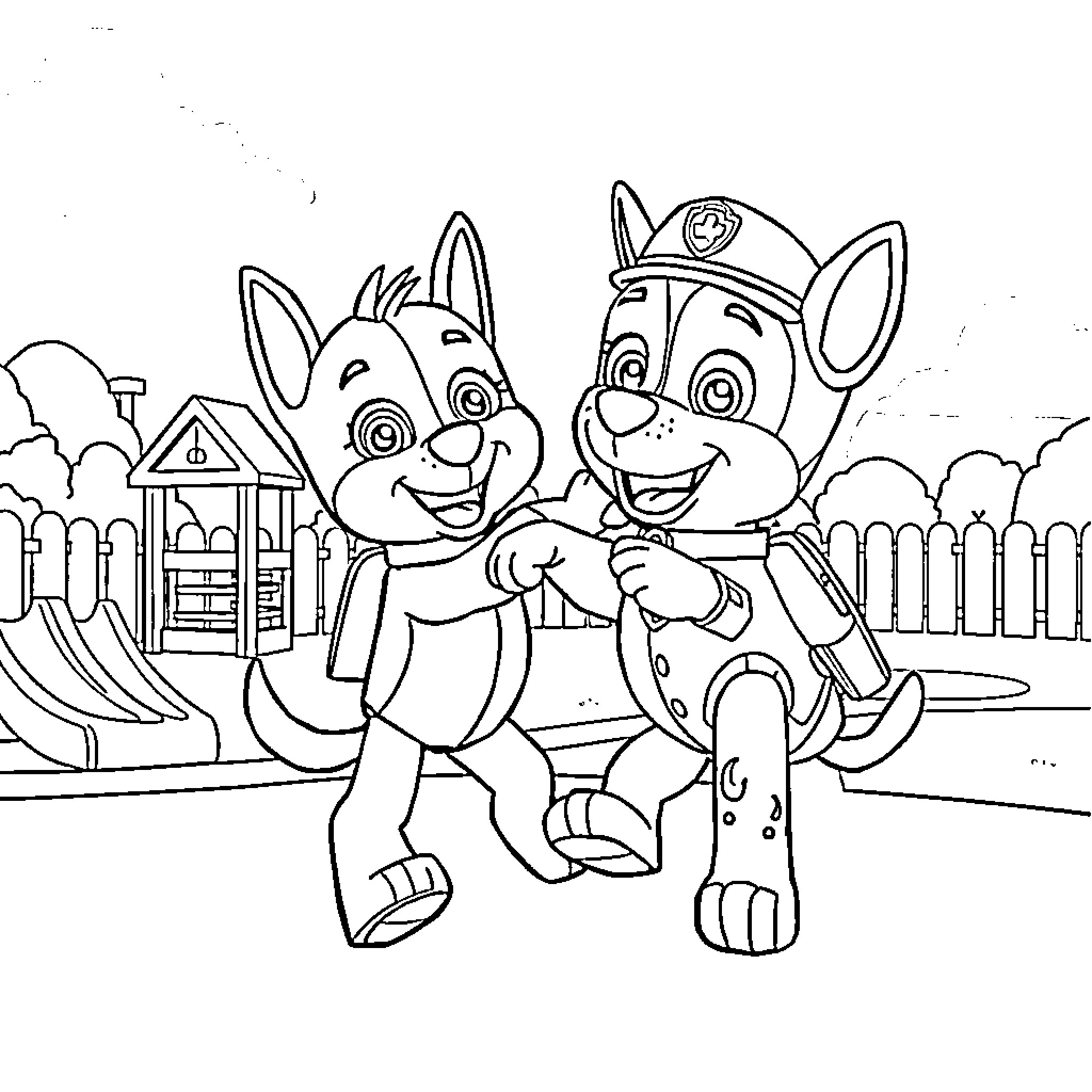 Bluey and Paw Patrol Puppy Playing on Playground Coloring Page (free black-and-white line drawing printable PDF for all, from beginners to advanced learners, including children, teens, adults, and seniors)