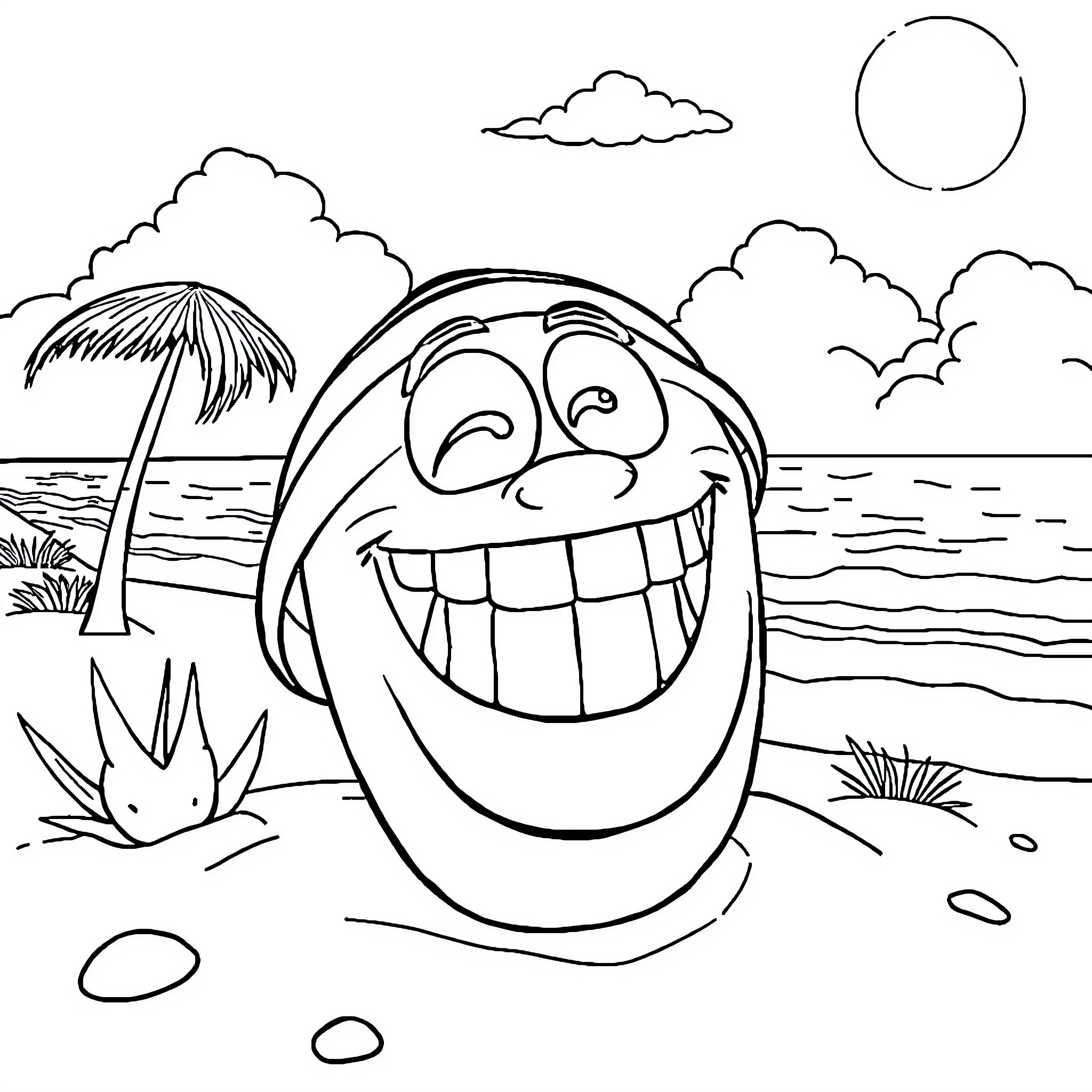 Tooth on a Tropical Beach Coloring Page (free black-and-white line drawing printable PDF for all, from beginners to advanced learners, including children, teens, adults, and seniors)