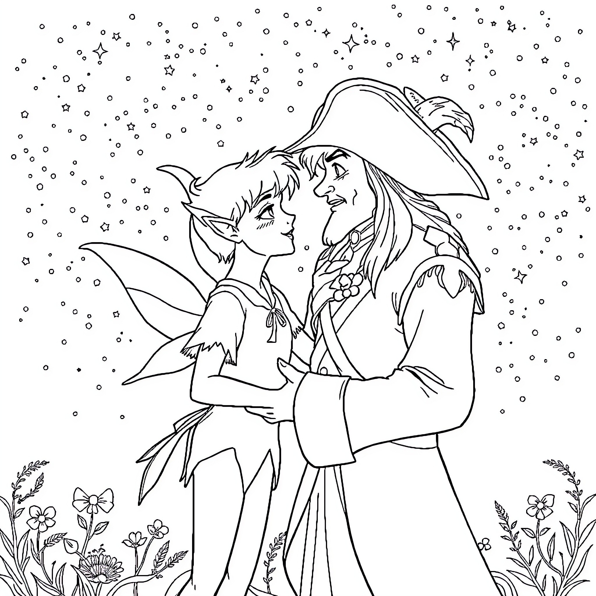 Peter Pan and Wendy in a Starry Night Coloring Page (free black-and-white line drawing printable PDF for all, from beginners to advanced learners, including children, teens, adults, and seniors)