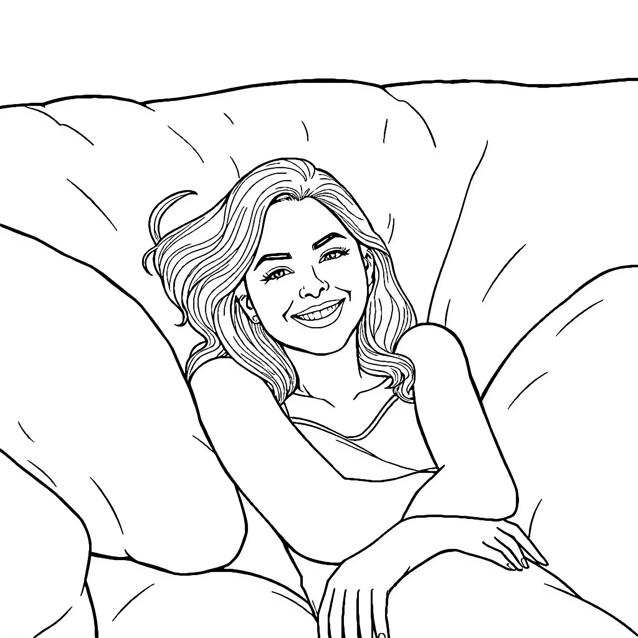 Woman smiling in nature Coloring Page (free black-and-white line drawing printable PDF for all, from beginners to advanced learners, including children, teens, adults, and seniors)