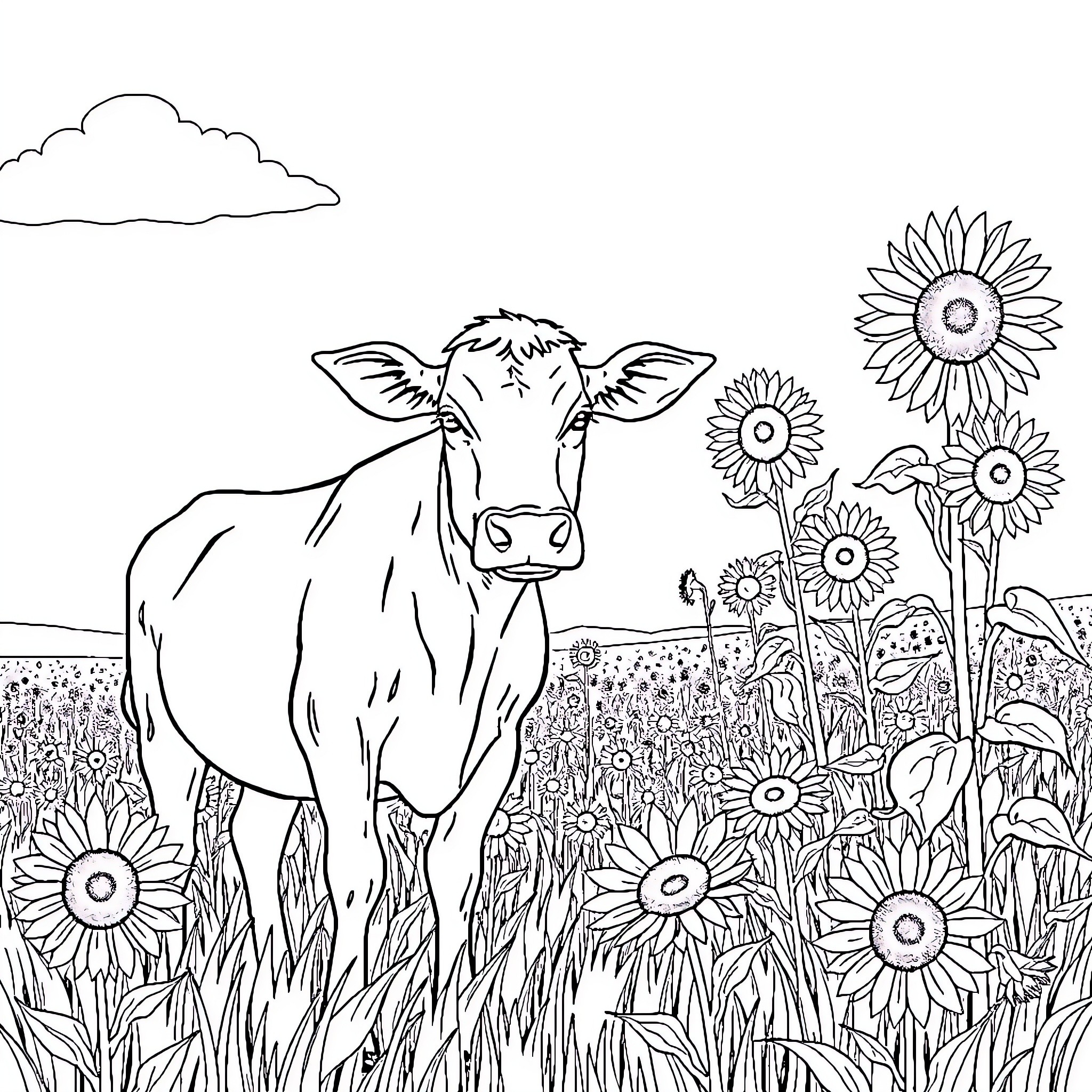 Cow standing in a field of sunflowers Coloring Page (free black-and-white line drawing printable PDF for all, from beginners to advanced learners, including children, teens, adults, and seniors)