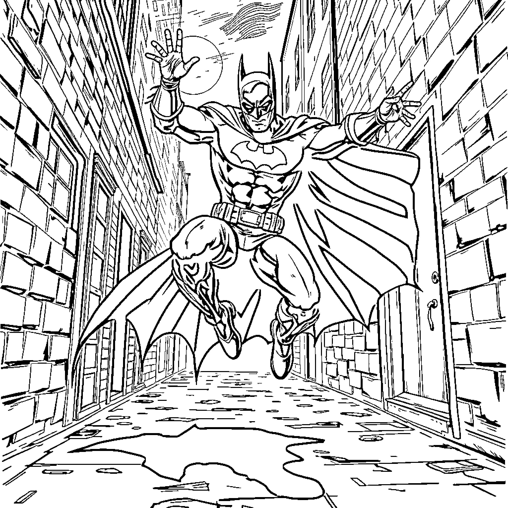 Batman Soaring Through the City Skyline Coloring Page (free black-and-white line drawing printable PDF for all, from beginners to advanced learners, including children, teens, adults, and seniors)