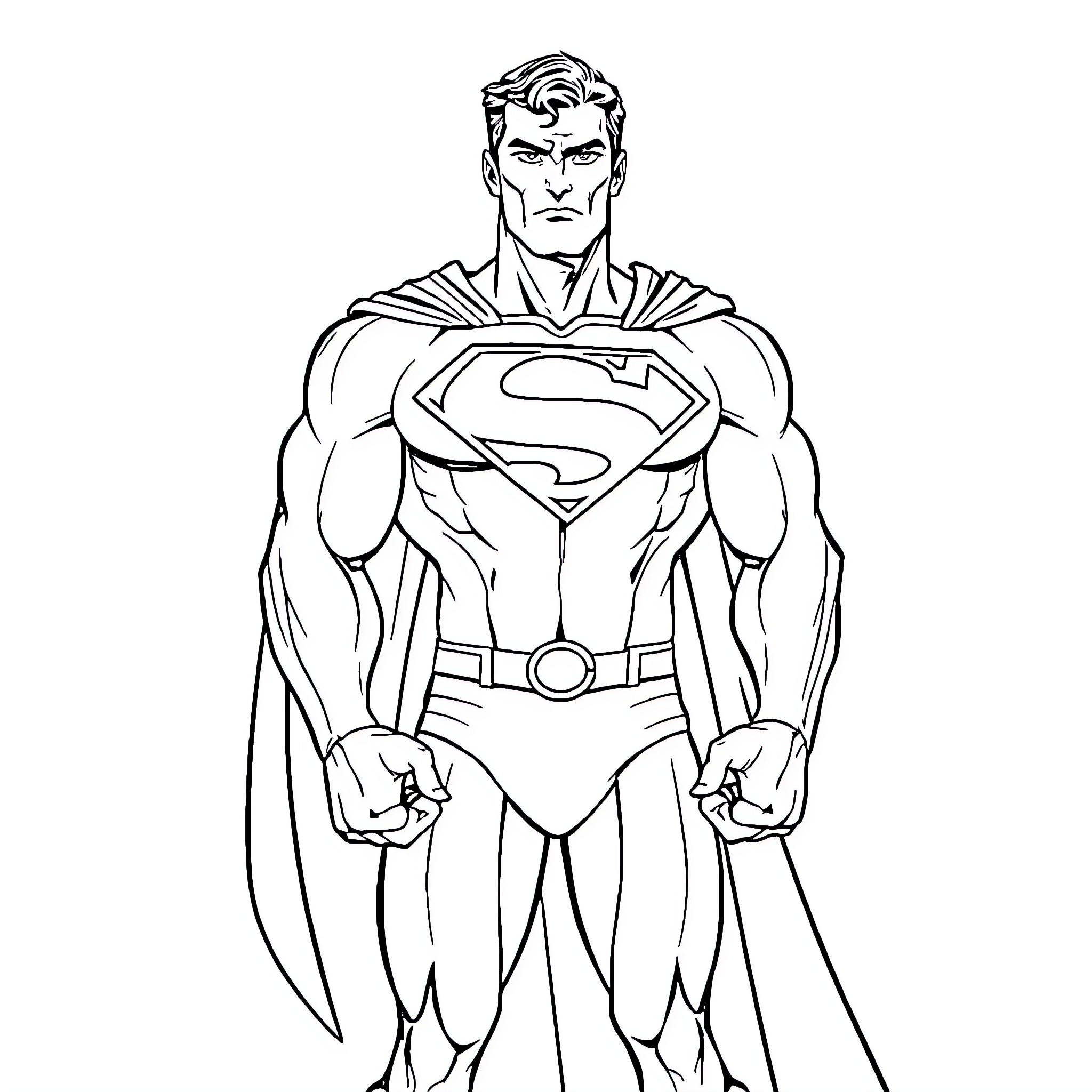Superman in heroic pose with cape Coloring Page (free black-and-white line drawing printable PDF for all, from beginners to advanced learners, including children, teens, adults, and seniors)