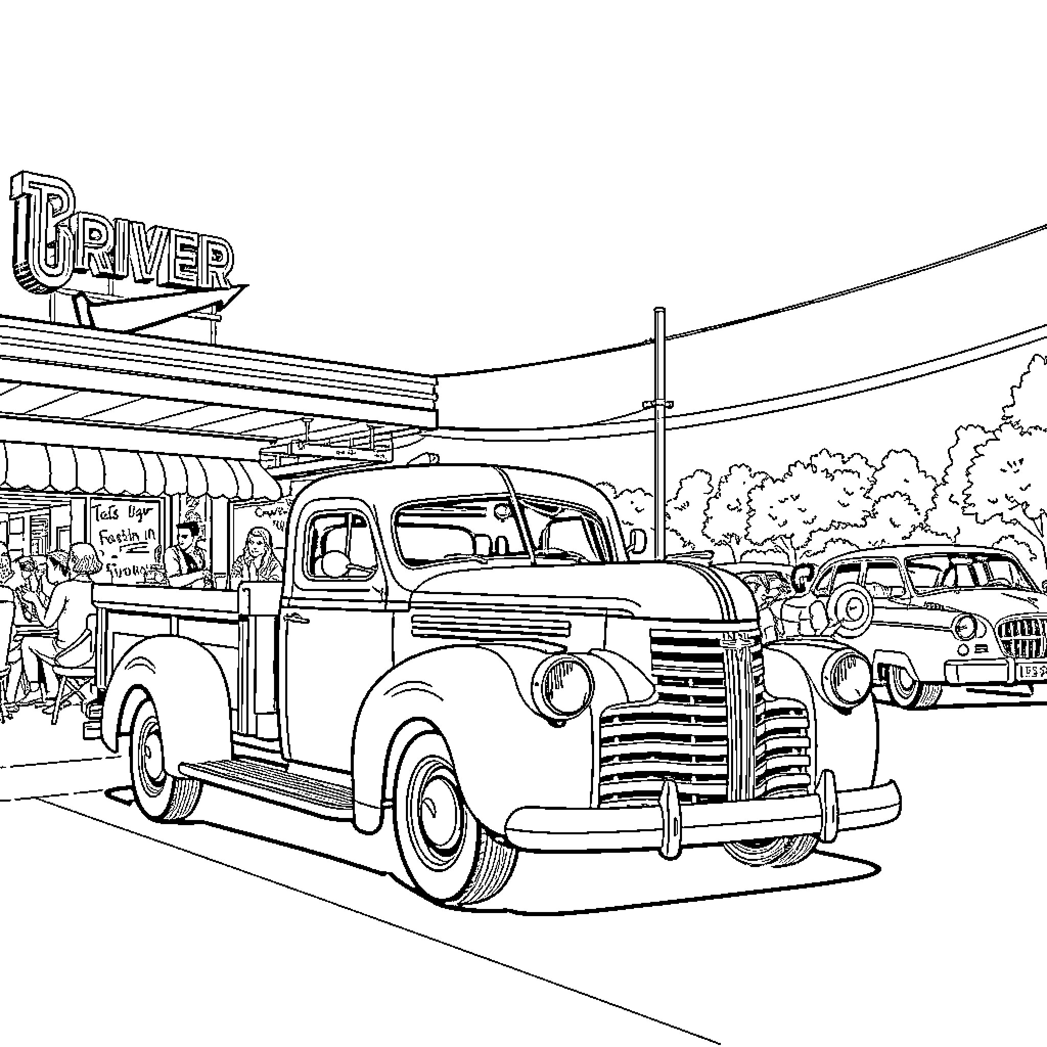 Chevy vintage truck at retro diner scene Coloring Page (free black-and-white line drawing printable PDF for all, from beginners to advanced learners, including children, teens, adults, and seniors)