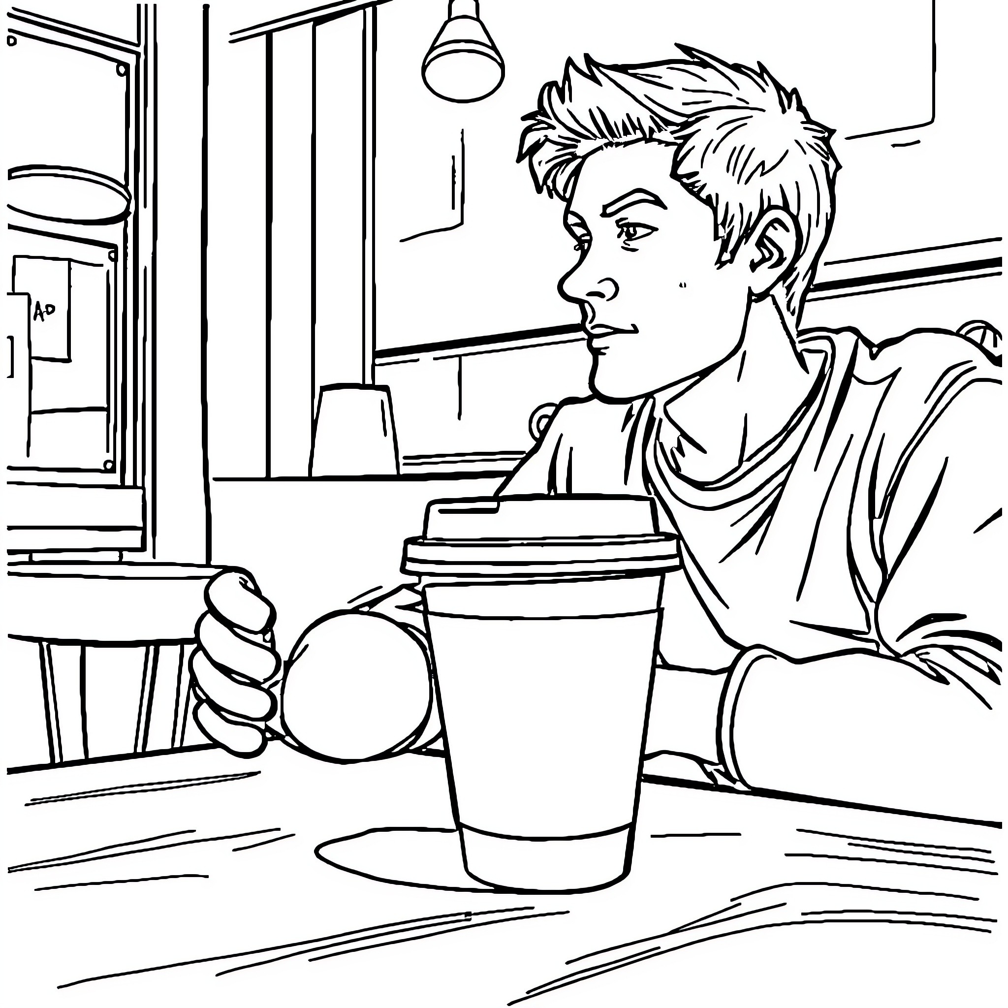Cup of coffee in a cafe Coloring Page (free black-and-white line drawing printable PDF for all, from beginners to advanced learners, including children, teens, adults, and seniors)