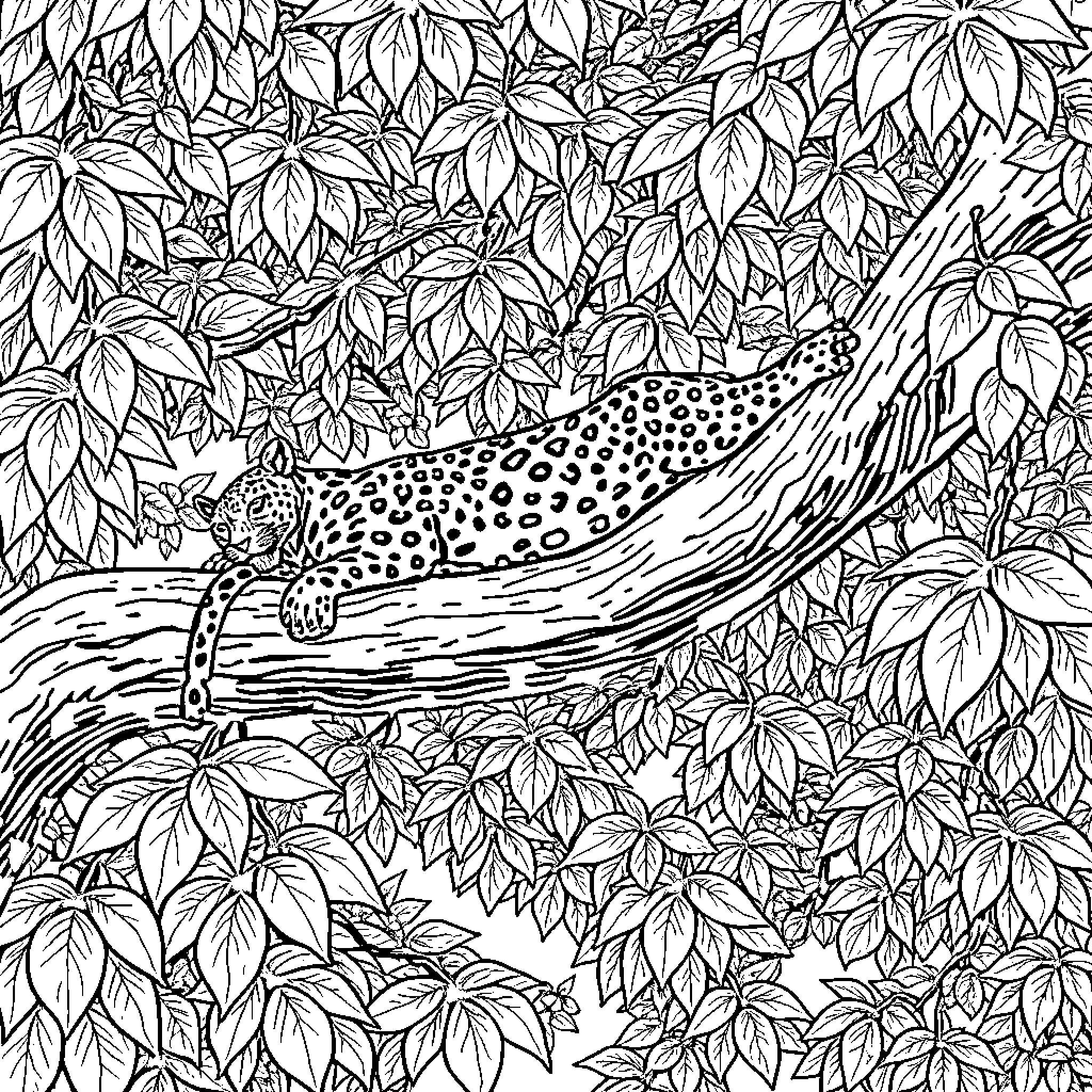 Leopard lounging in a lush, leafy environment Coloring Page (free black-and-white line drawing printable PDF for all, from beginners to advanced learners, including children, teens, adults, and seniors)