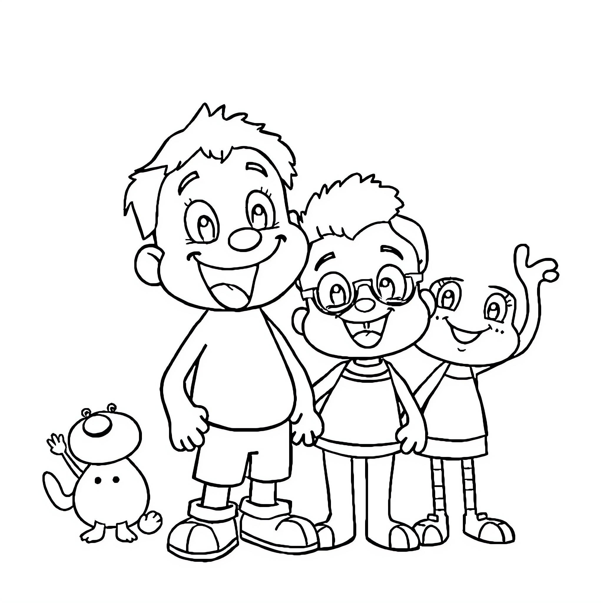 Cartoon characters having fun together Coloring Page (free black-and-white line drawing printable PDF for all, from beginners to advanced learners, including children, teens, adults, and seniors)