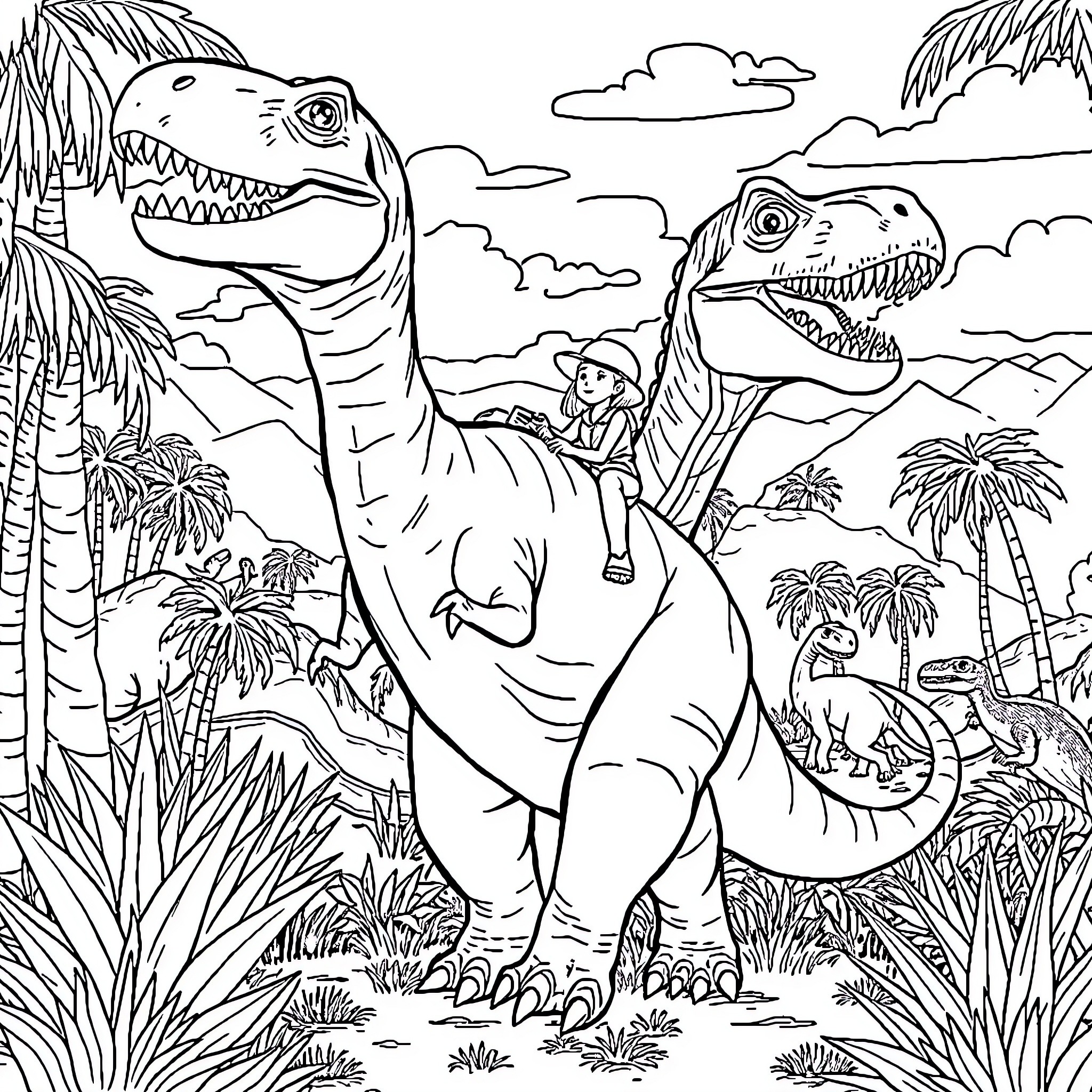 Dinosaur Adventure in a Lush Prehistoric Landscape Coloring Page (free black-and-white line drawing printable PDF for all, from beginners to advanced learners, including children, teens, adults, and seniors)