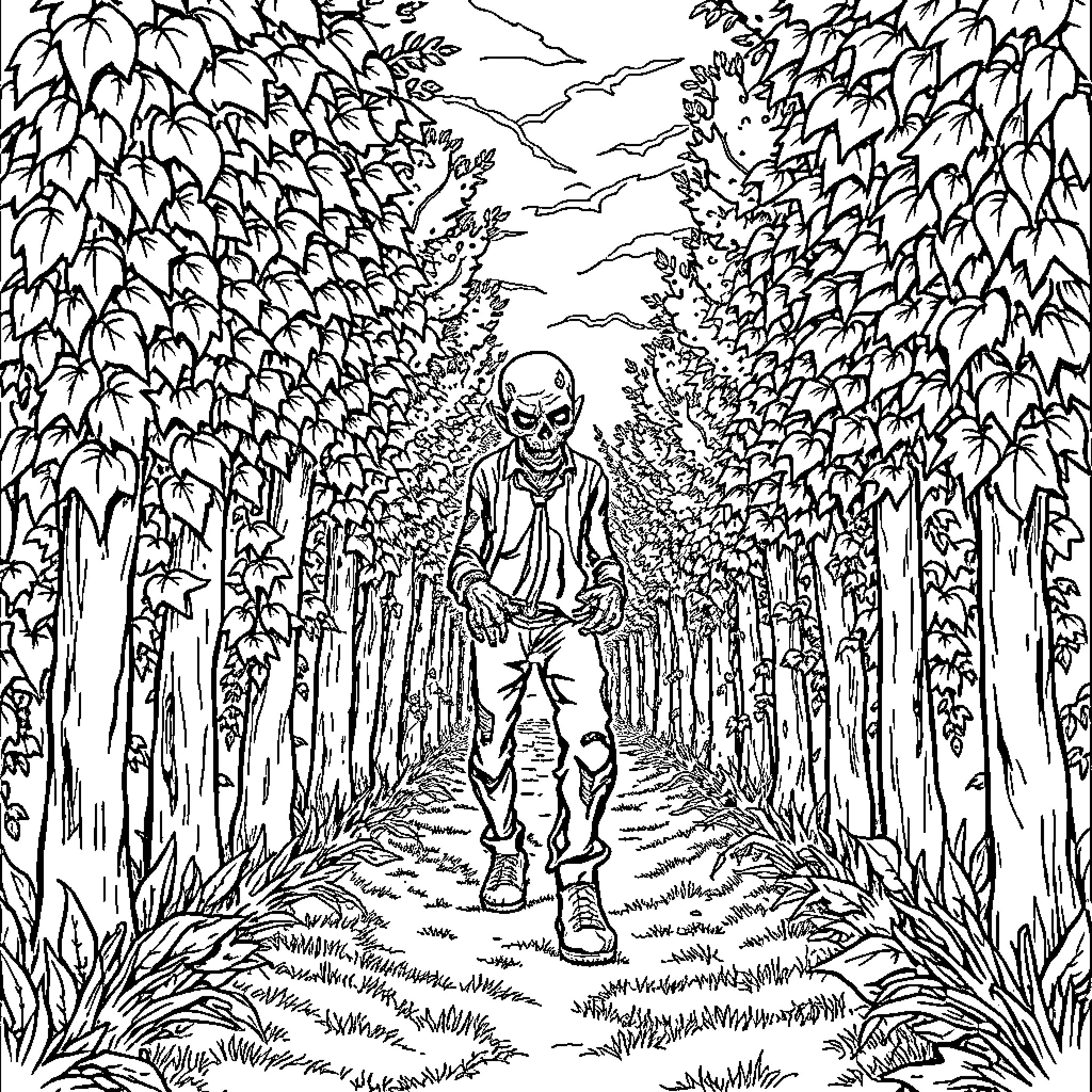 Zombie stalking through the haunted forest Coloring Page (free black-and-white line drawing printable PDF for all, from beginners to advanced learners, including children, teens, adults, and seniors)