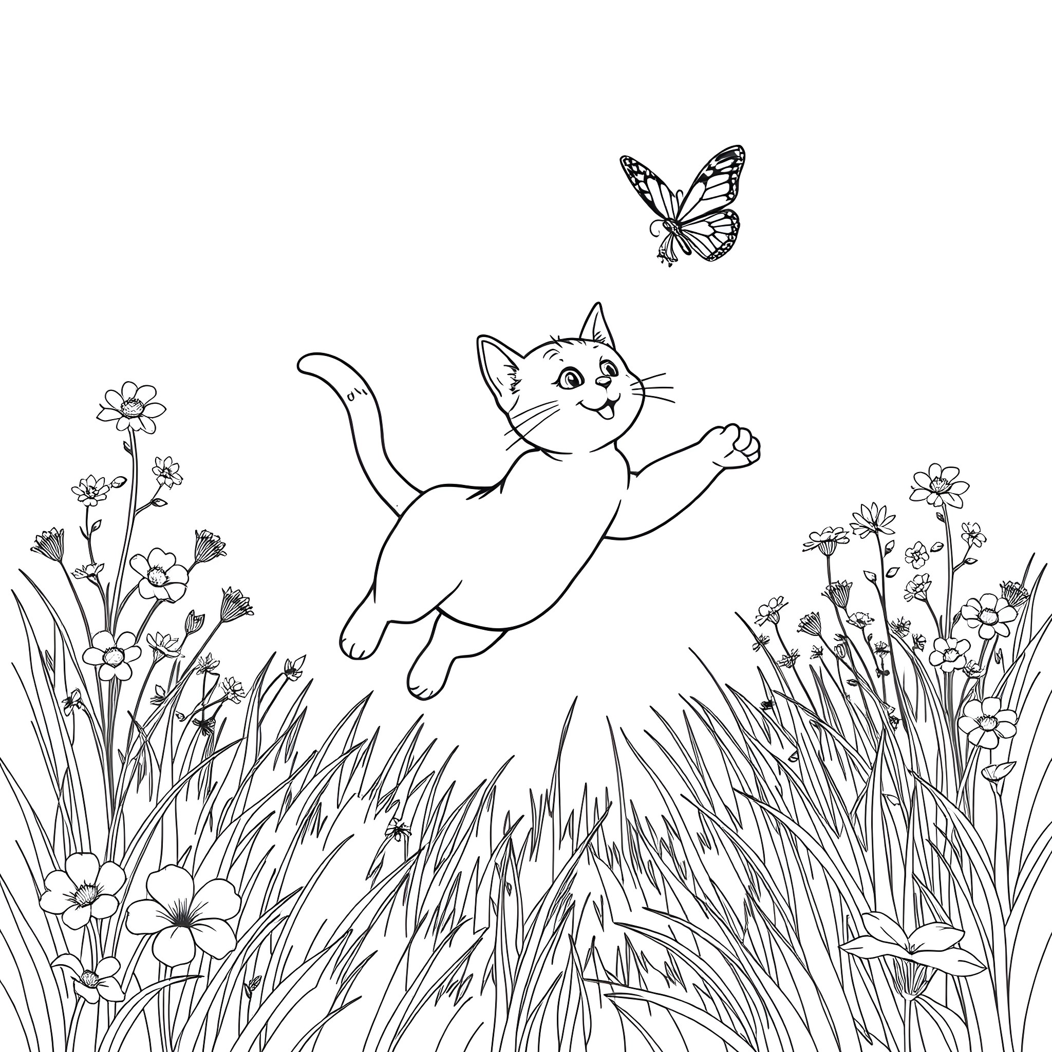 Cat chasing playfully after butterfly in garden Coloring Page (free black-and-white line drawing printable PDF for all, from beginners to advanced learners, including children, teens, adults, and seniors)