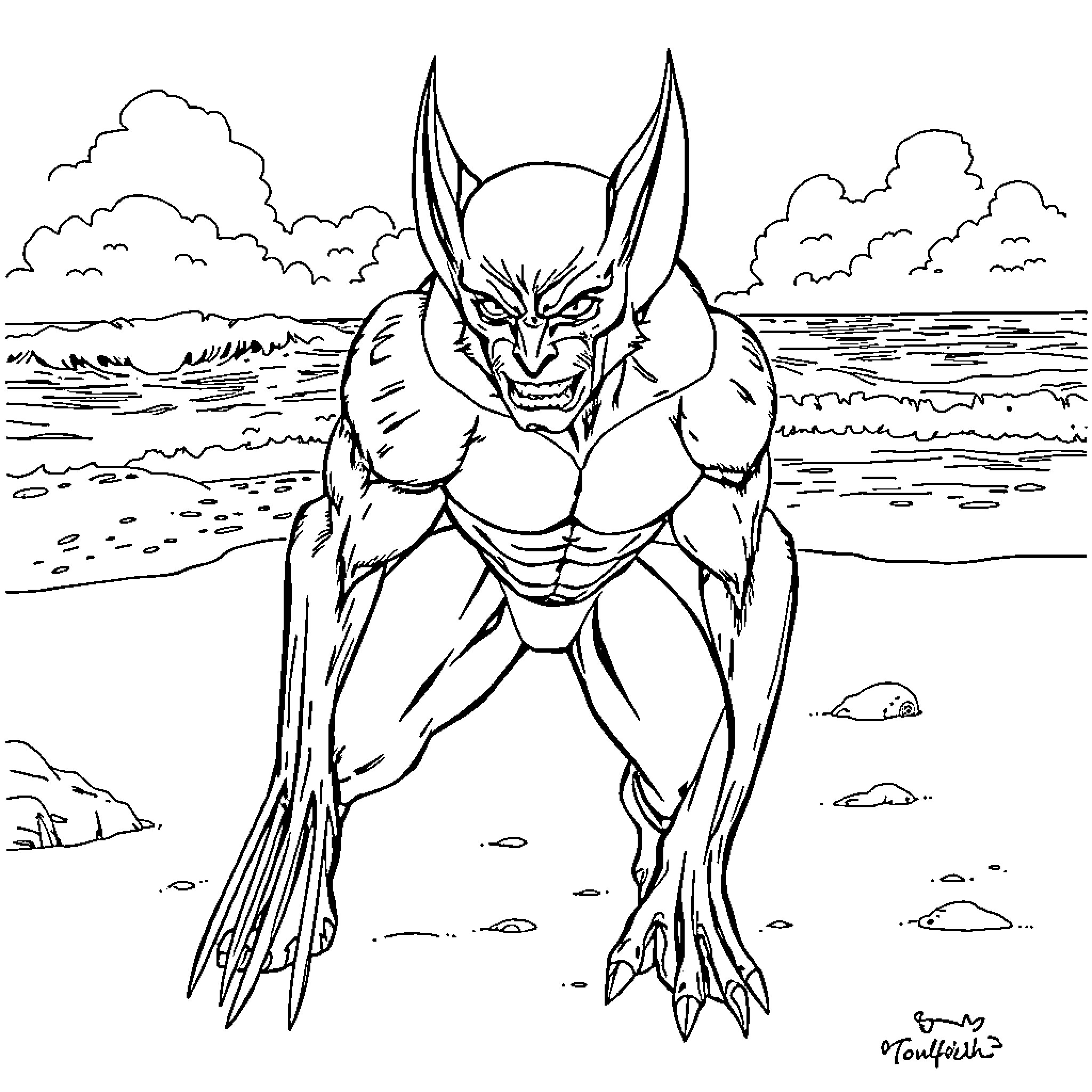Wolverine standing fiercely on the beach Coloring Page (free black-and-white line drawing printable PDF for all, from beginners to advanced learners, including children, teens, adults, and seniors)