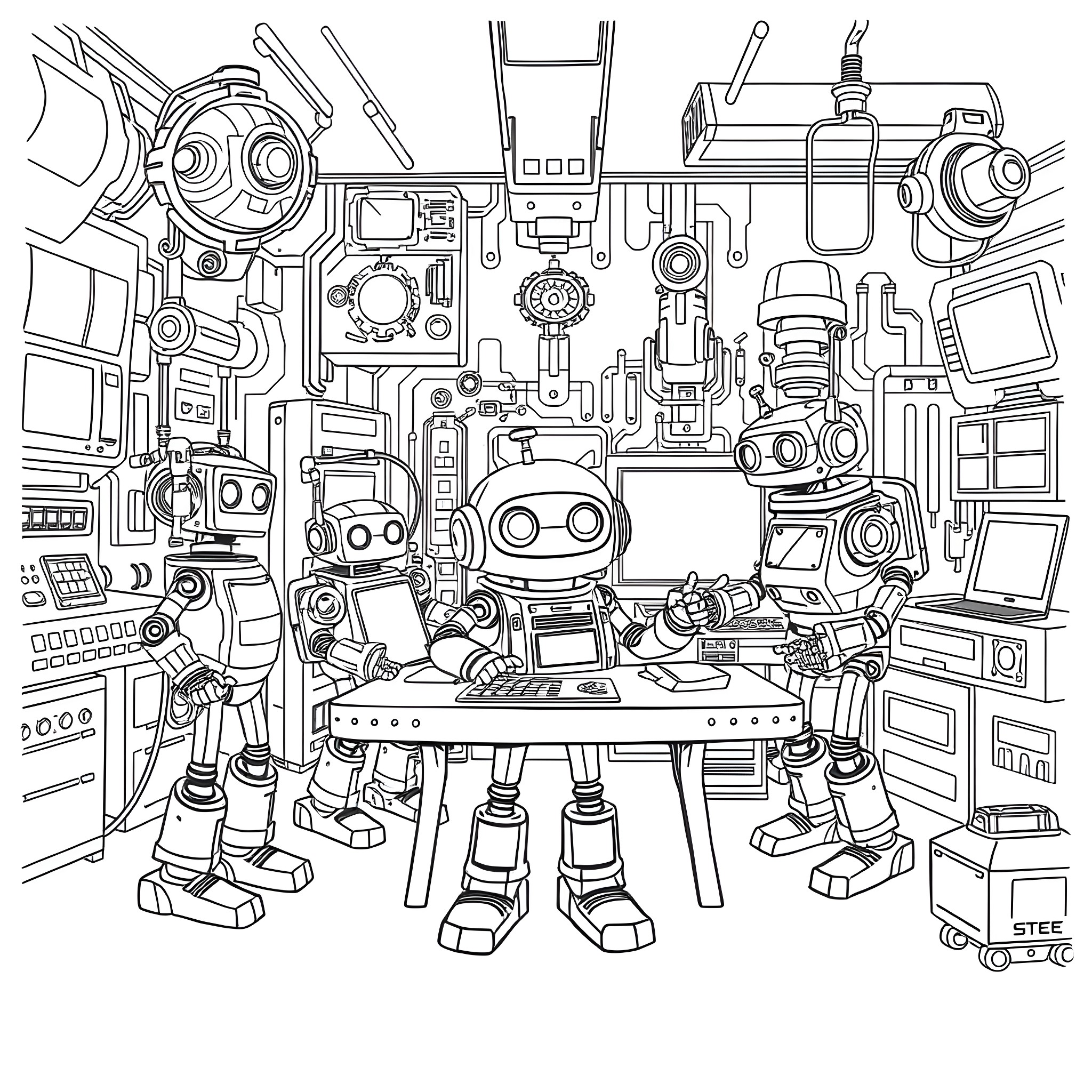 Robot Inventors at Work in the Laboratory Coloring Page (free black-and-white line drawing printable PDF for all, from beginners to advanced learners, including children, teens, adults, and seniors)