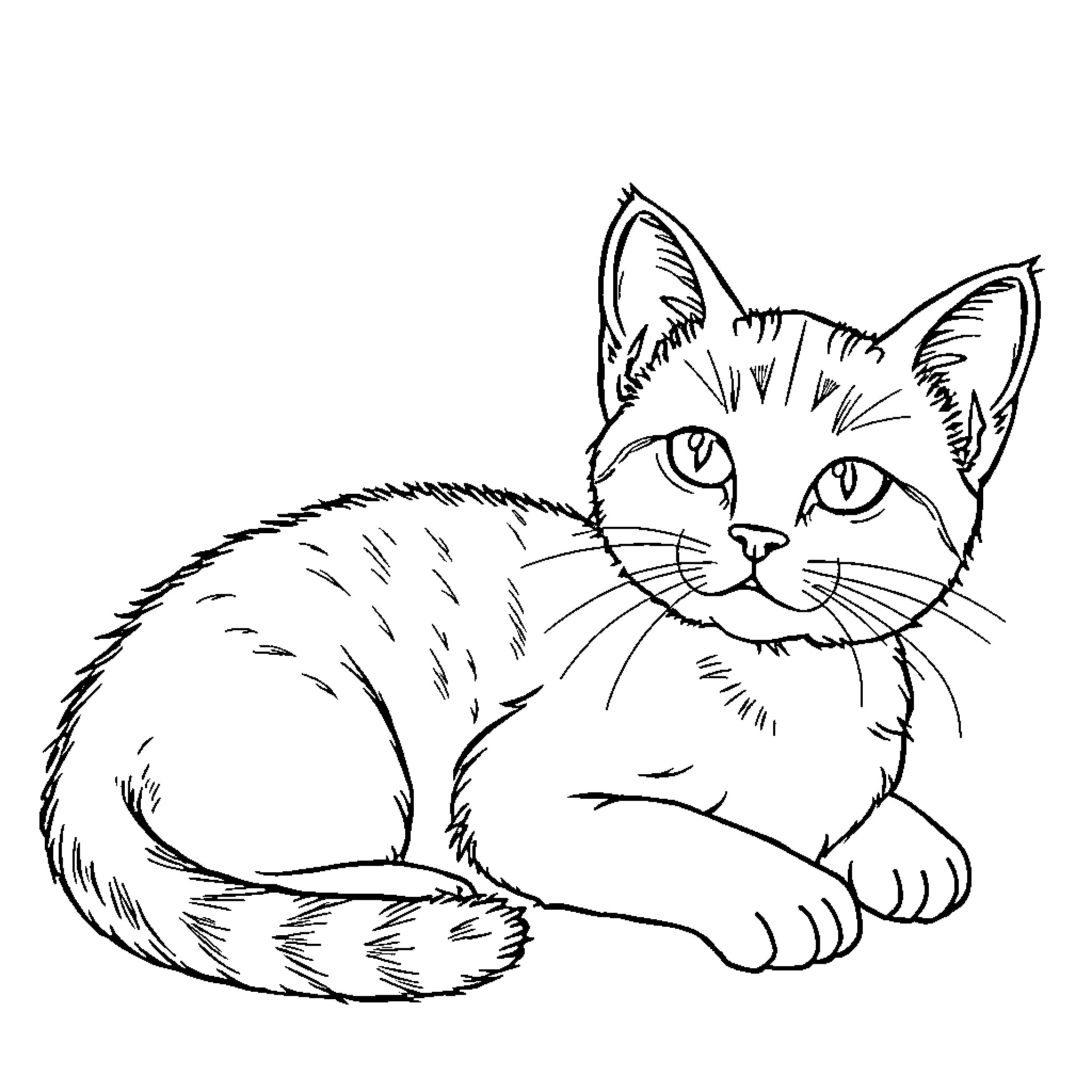 Gato resting calmly on floor Coloring Page (free black-and-white line drawing printable PDF for all, from beginners to advanced learners, including children, teens, adults, and seniors)