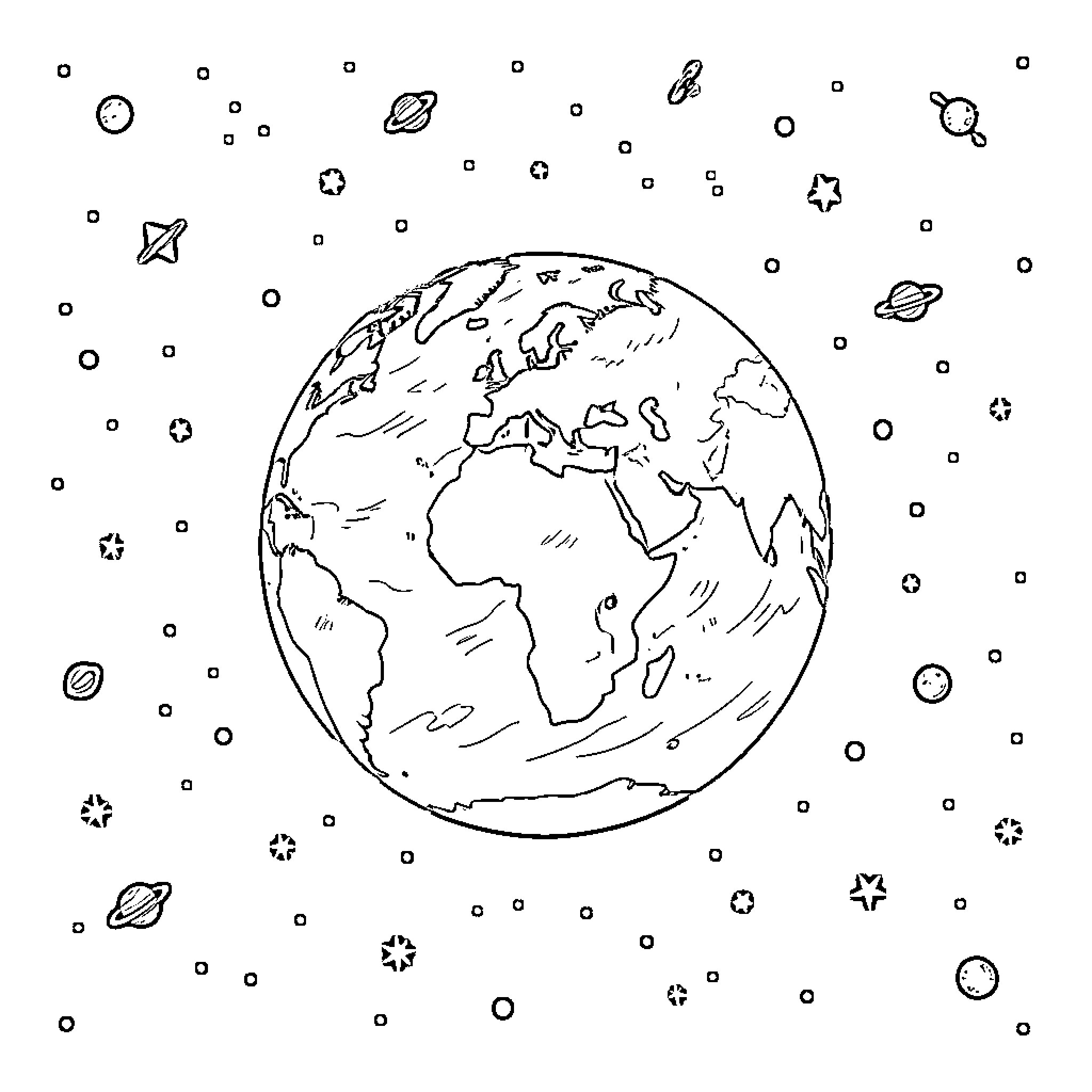 Planet surrounded by celestial objects Coloring Page (free black-and-white line drawing printable PDF for all, from beginners to advanced learners, including children, teens, adults, and seniors)