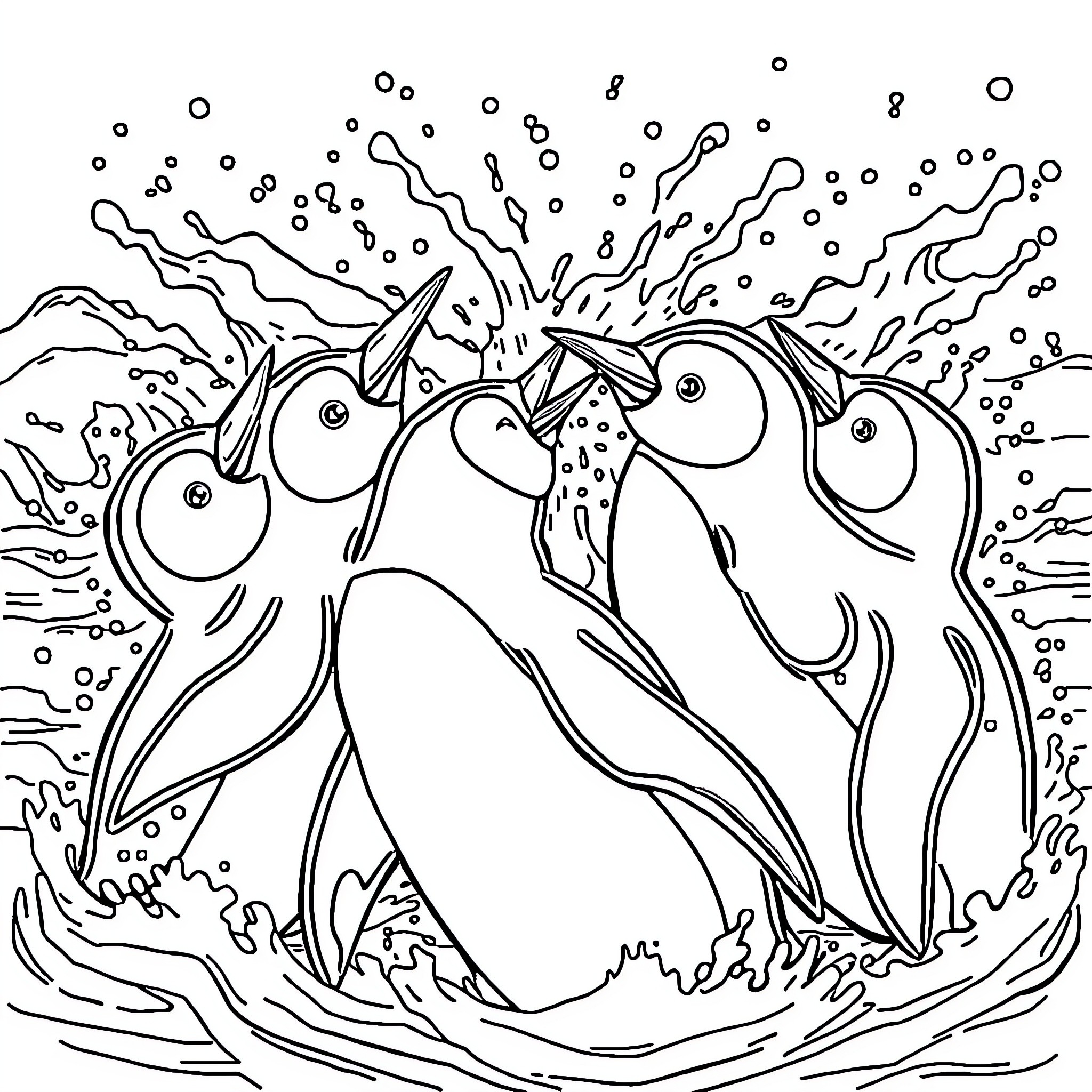 Penguin colony enjoying the underwater seascape Coloring Page (free black-and-white line drawing printable PDF for all, from beginners to advanced learners, including children, teens, adults, and seniors)