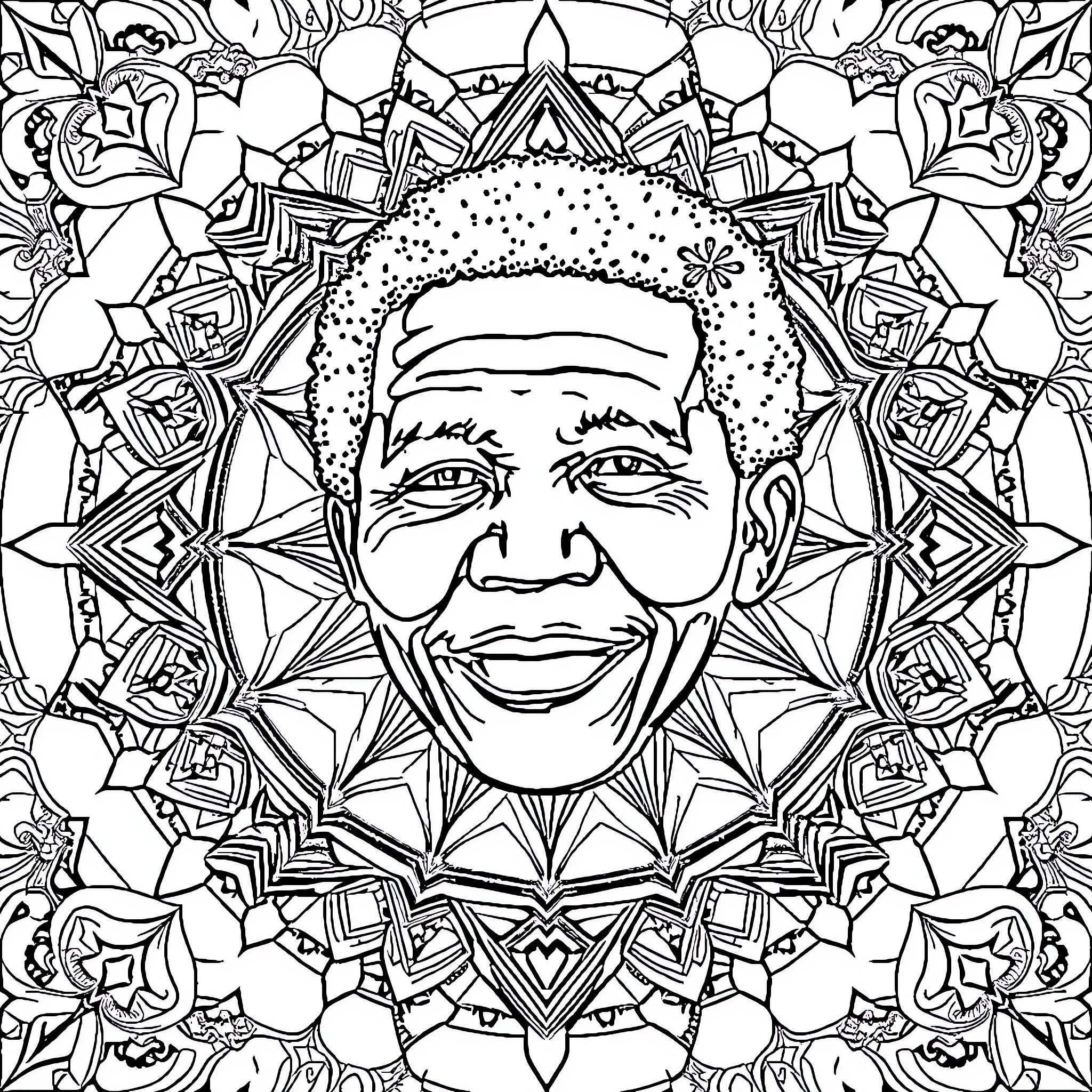 Mandala with a smiling figure surrounded by floral patterns Coloring Page (free black-and-white line drawing printable PDF for all, from beginners to advanced learners, including children, teens, adults, and seniors)