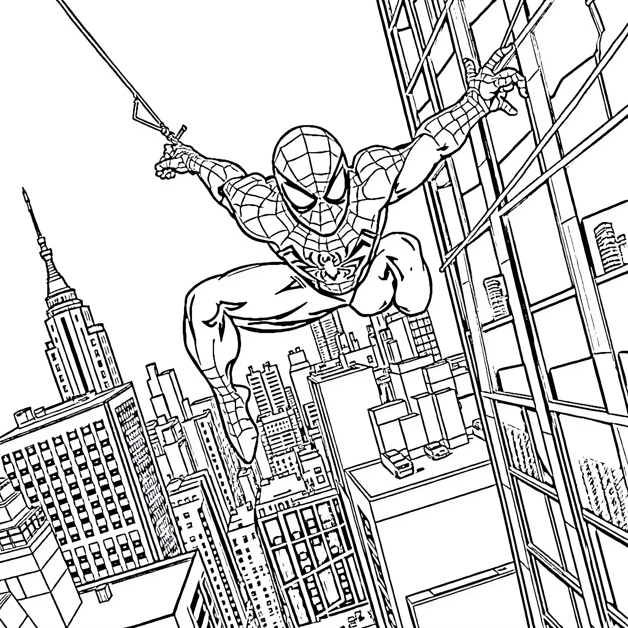 Spider-Man swinging through the city skyline Coloring Page (free black-and-white line drawing printable PDF for all, from beginners to advanced learners, including children, teens, adults, and seniors)