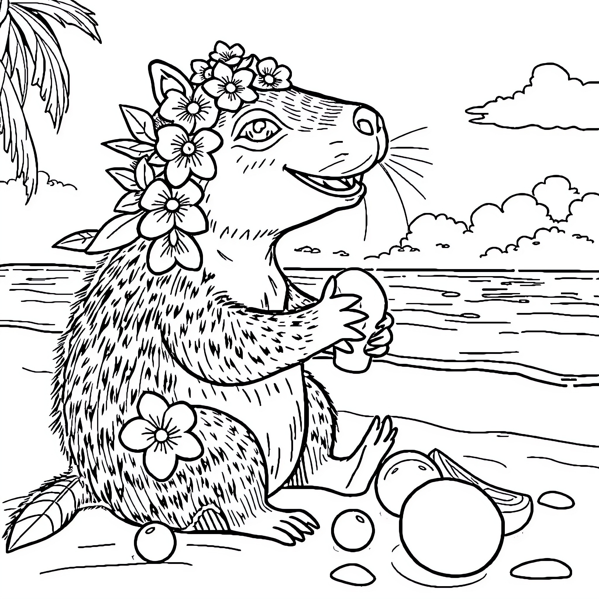 Capybara enjoying a sunny day on the beach Coloring Page (free black-and-white line drawing printable PDF for all, from beginners to advanced learners, including children, teens, adults, and seniors)