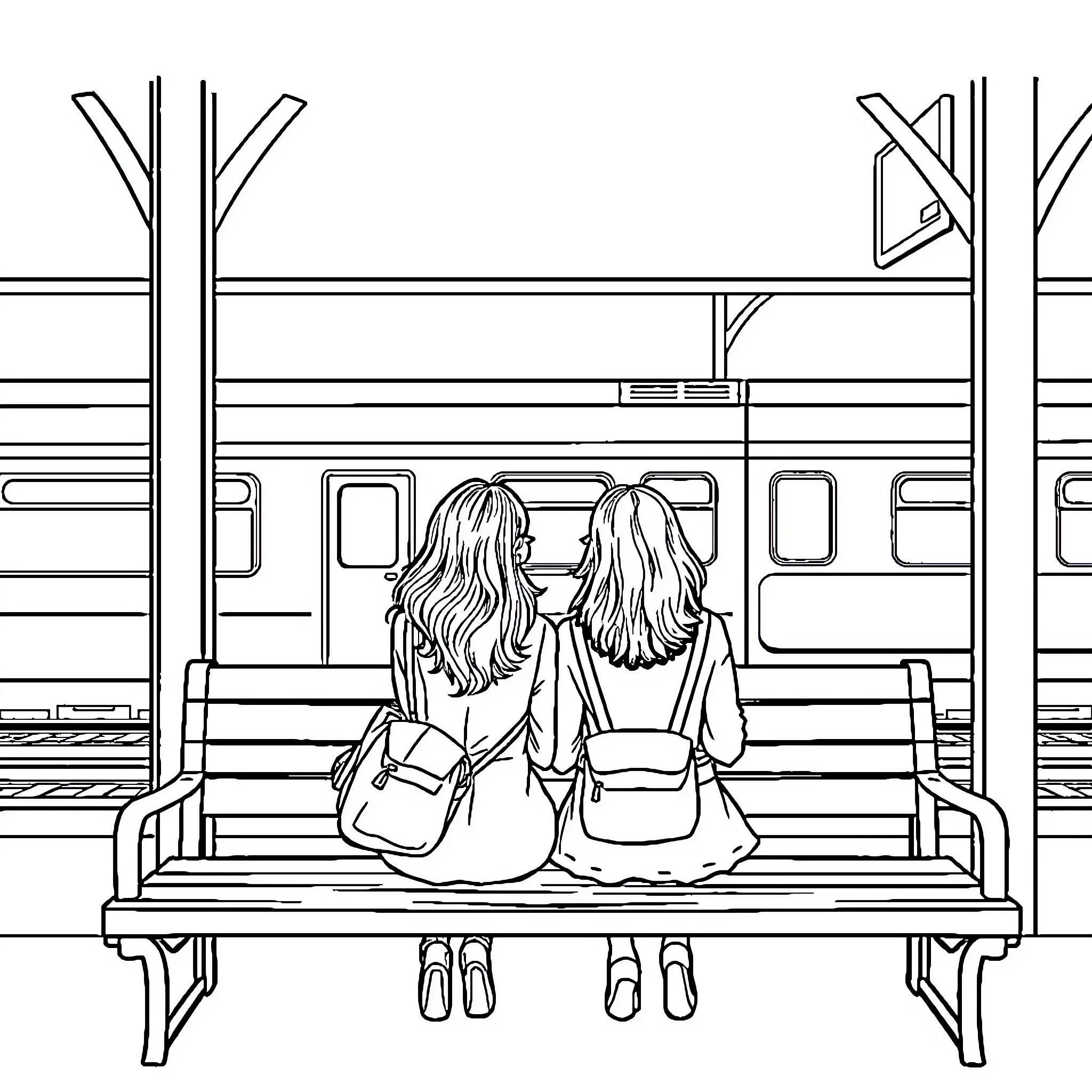 Mujer esperando el tren juntas Coloring Page (free black-and-white line drawing printable PDF for all, from beginners to advanced learners, including children, teens, adults, and seniors)