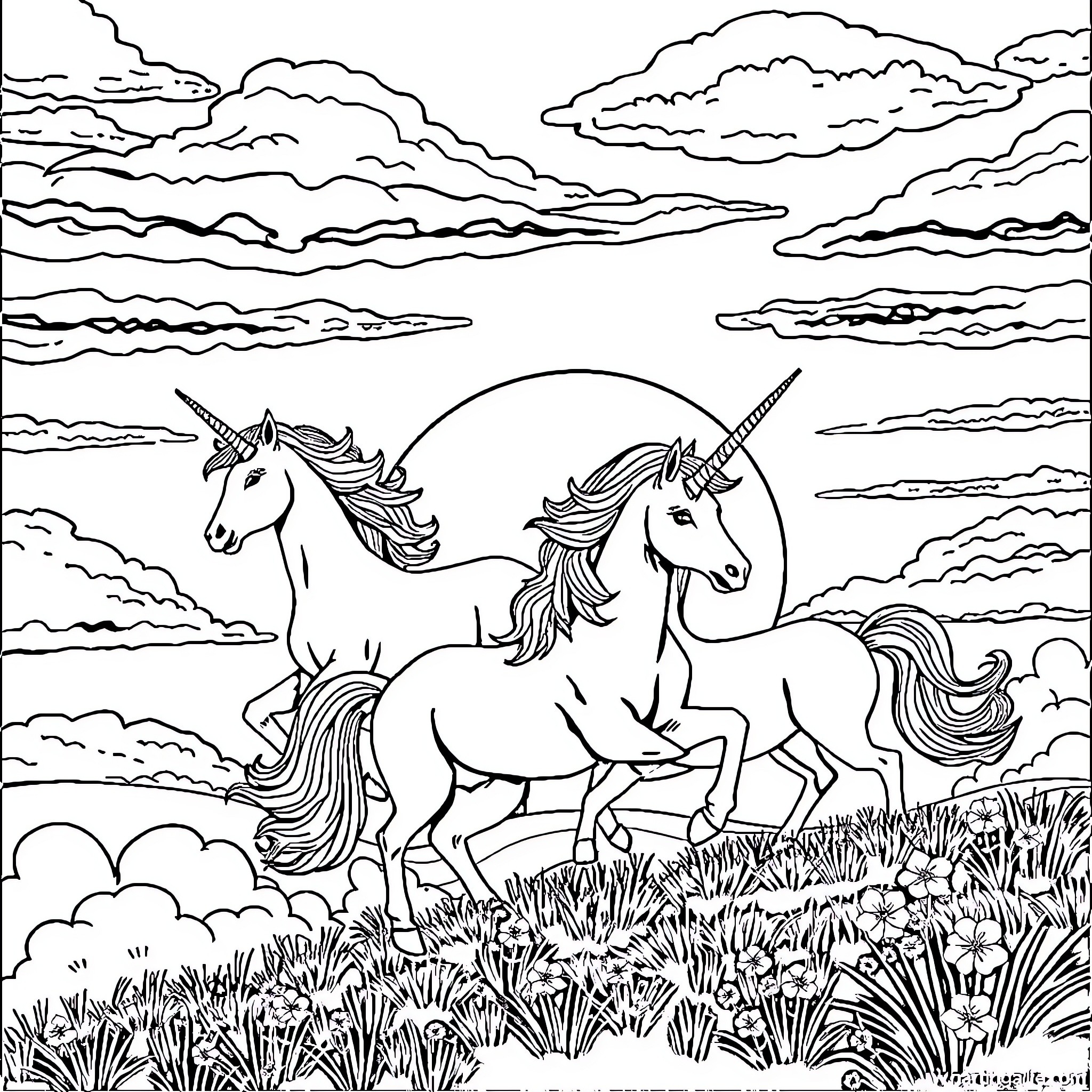 Unicorn Duo Galloping Through Enchanted Meadow Coloring Page (free black-and-white line drawing printable PDF for all, from beginners to advanced learners, including children, teens, adults, and seniors)