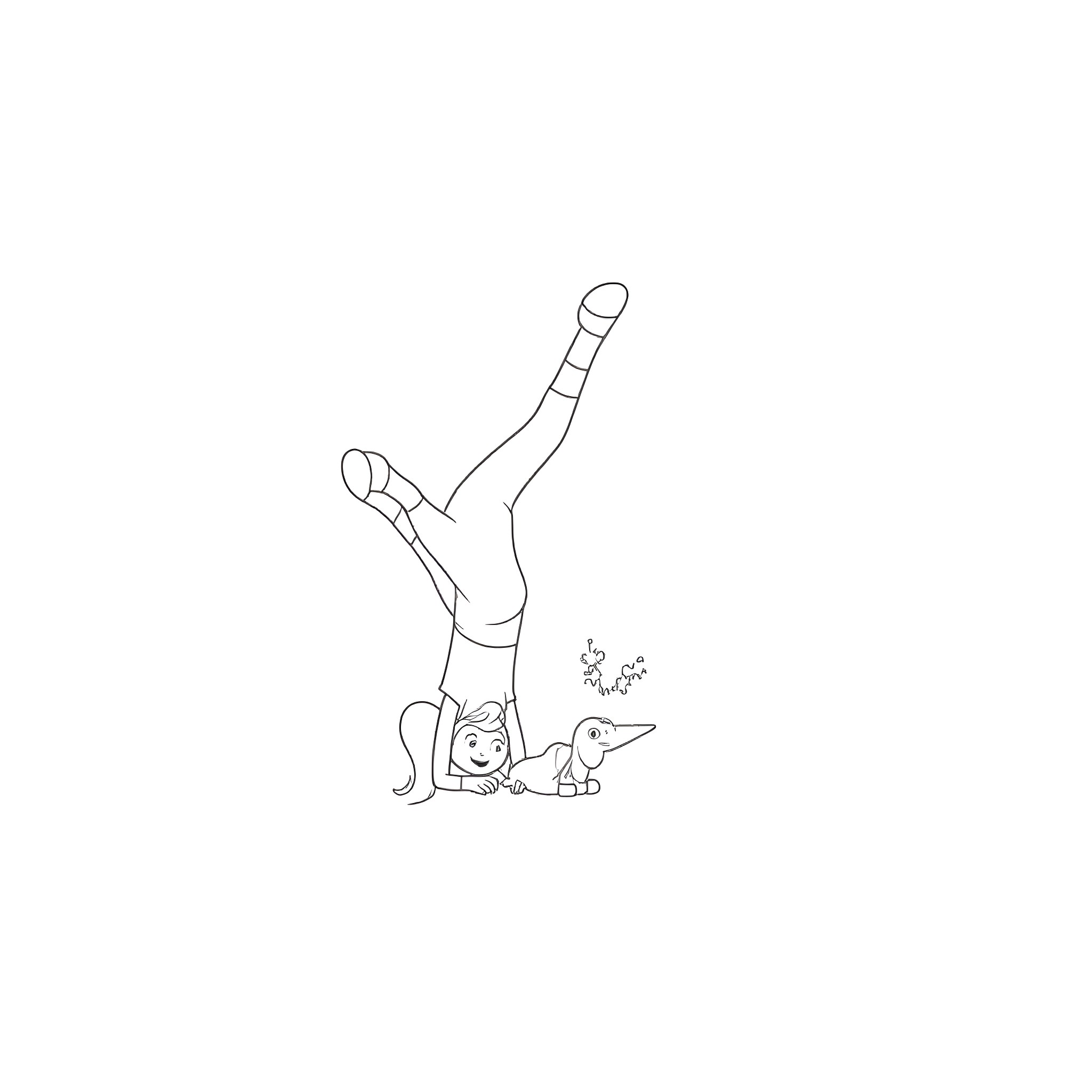 Girl doing handstand with small animal friend Coloring Page (free black-and-white line drawing printable PDF for all, from beginners to advanced learners, including children, teens, adults, and seniors)
