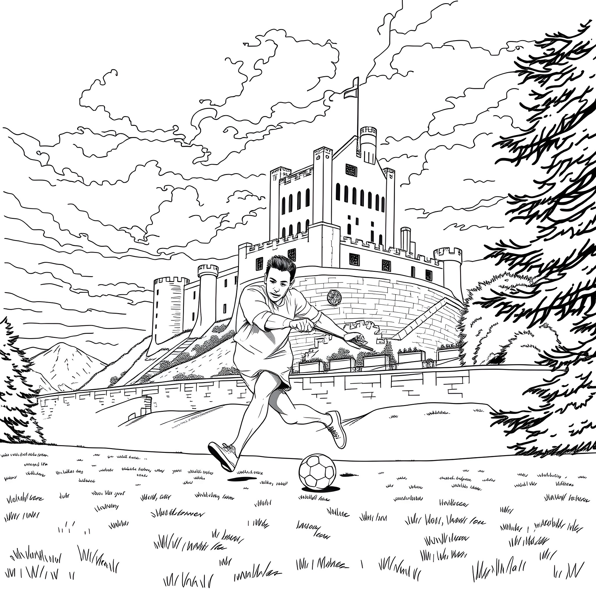 Hawkeye playing soccer in front of a medieval castle Coloring Page (free black-and-white line drawing printable PDF for all, from beginners to advanced learners, including children, teens, adults, and seniors)
