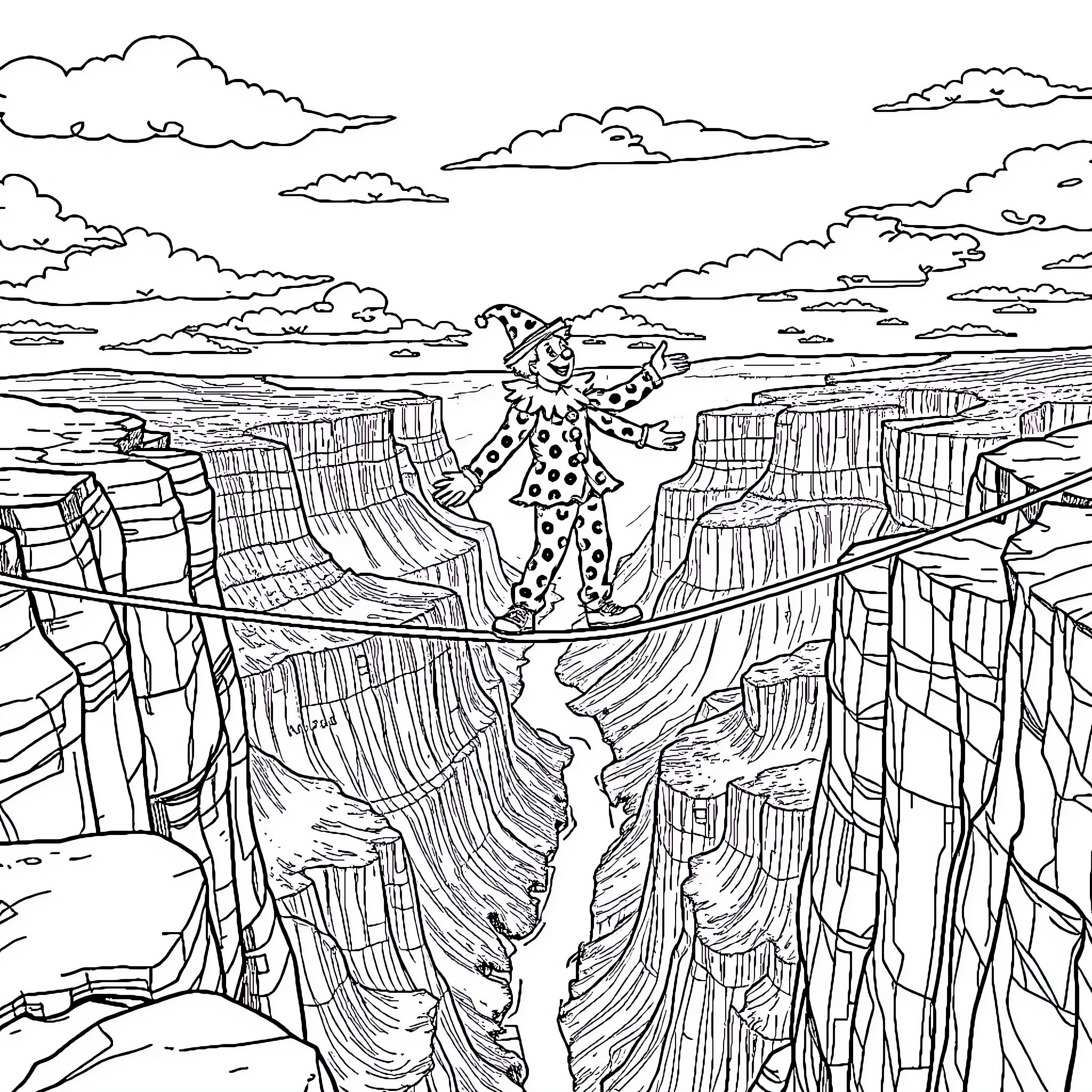 Clown balancing on a tightrope over a canyon Coloring Page (free black-and-white line drawing printable PDF for all, from beginners to advanced learners, including children, teens, adults, and seniors)