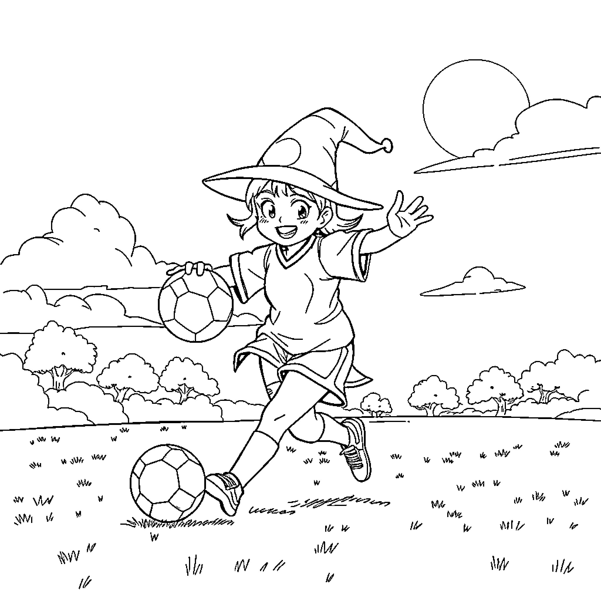 Yubaba playing soccer in a field Coloring Page (free black-and-white line drawing printable PDF for all, from beginners to advanced learners, including children, teens, adults, and seniors)