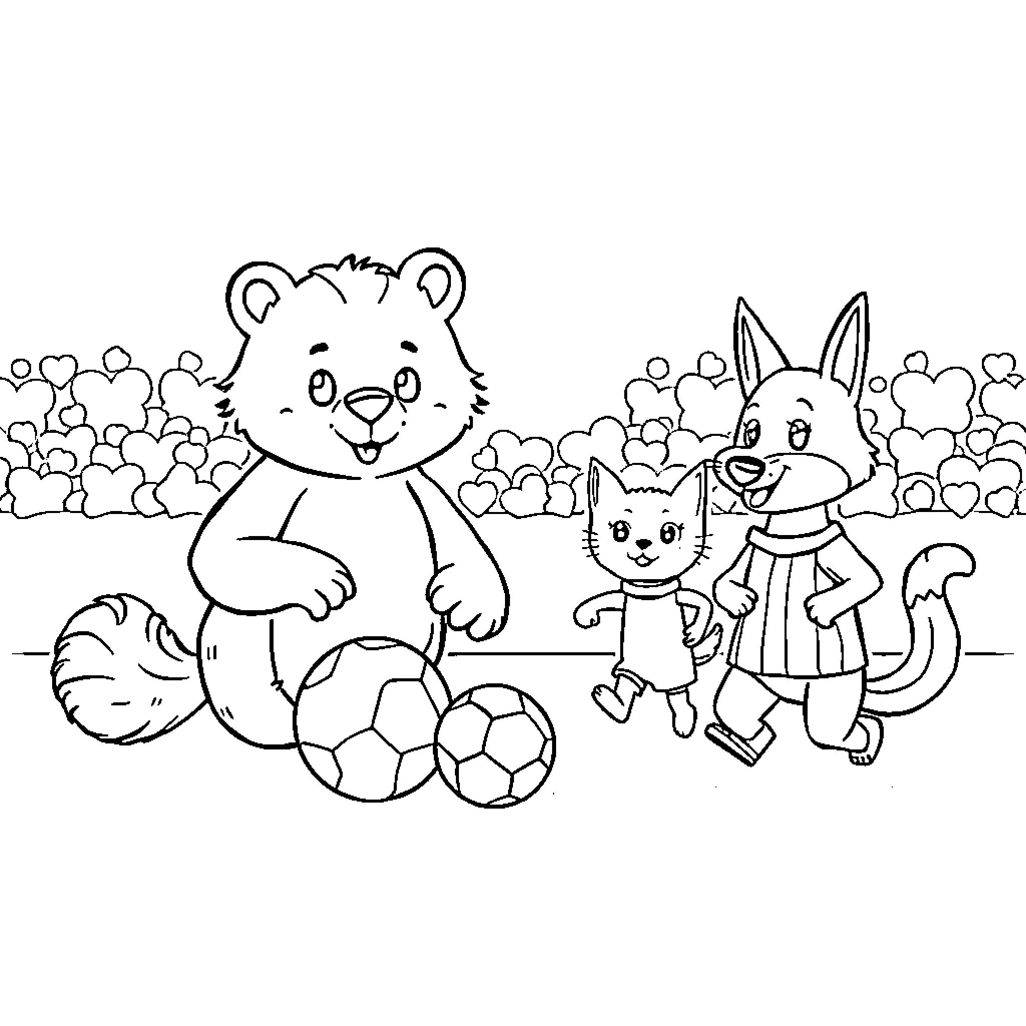 Animal characters playing with balls in a field Coloring Page (free black-and-white line drawing printable PDF for all, from beginners to advanced learners, including children, teens, adults, and seniors)