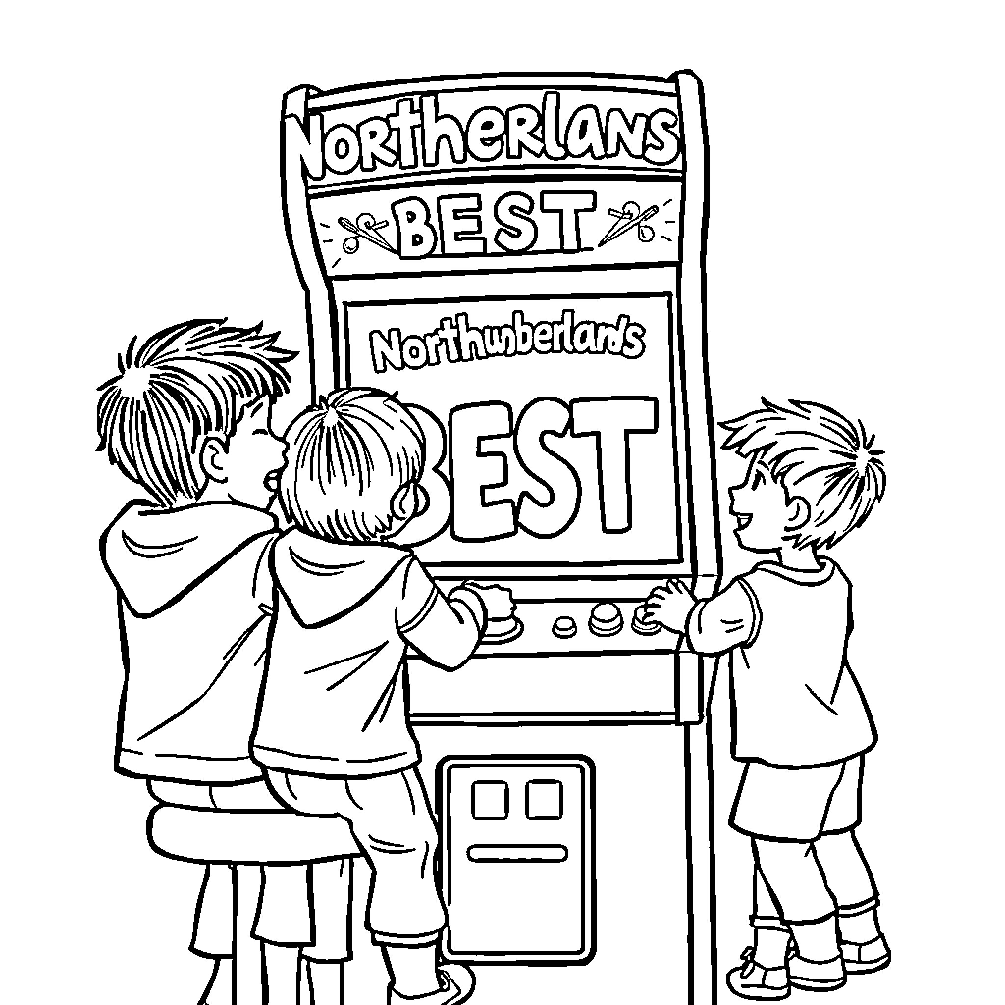 Kid friends celebrating Northerland's Best award Coloring Page (free black-and-white line drawing printable PDF for all, from beginners to advanced learners, including children, teens, adults, and seniors)