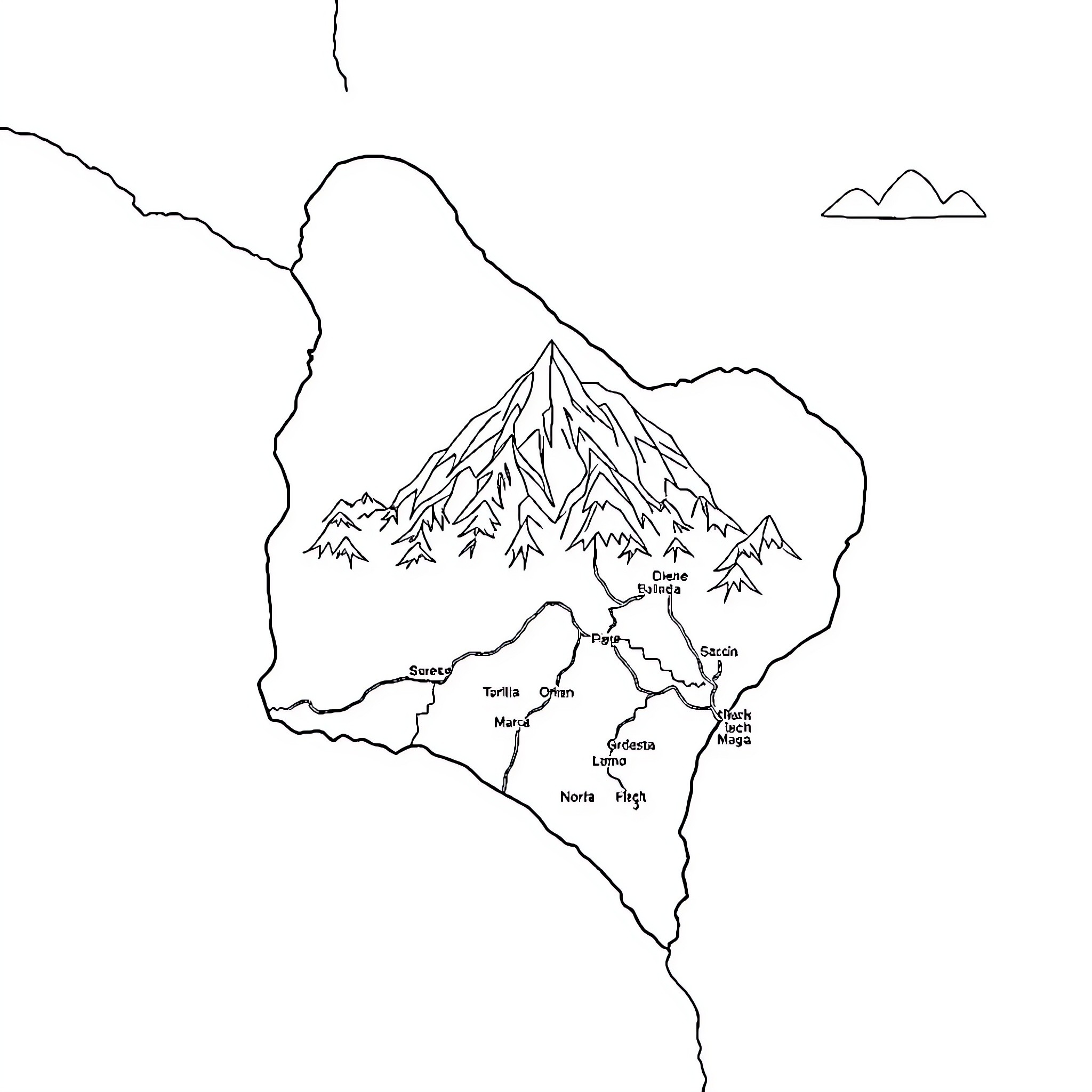 Bolivia's Majestic Mountain Peaks and Landscapes Coloring Page (free black-and-white line drawing printable PDF for all, from beginners to advanced learners, including children, teens, adults, and seniors)