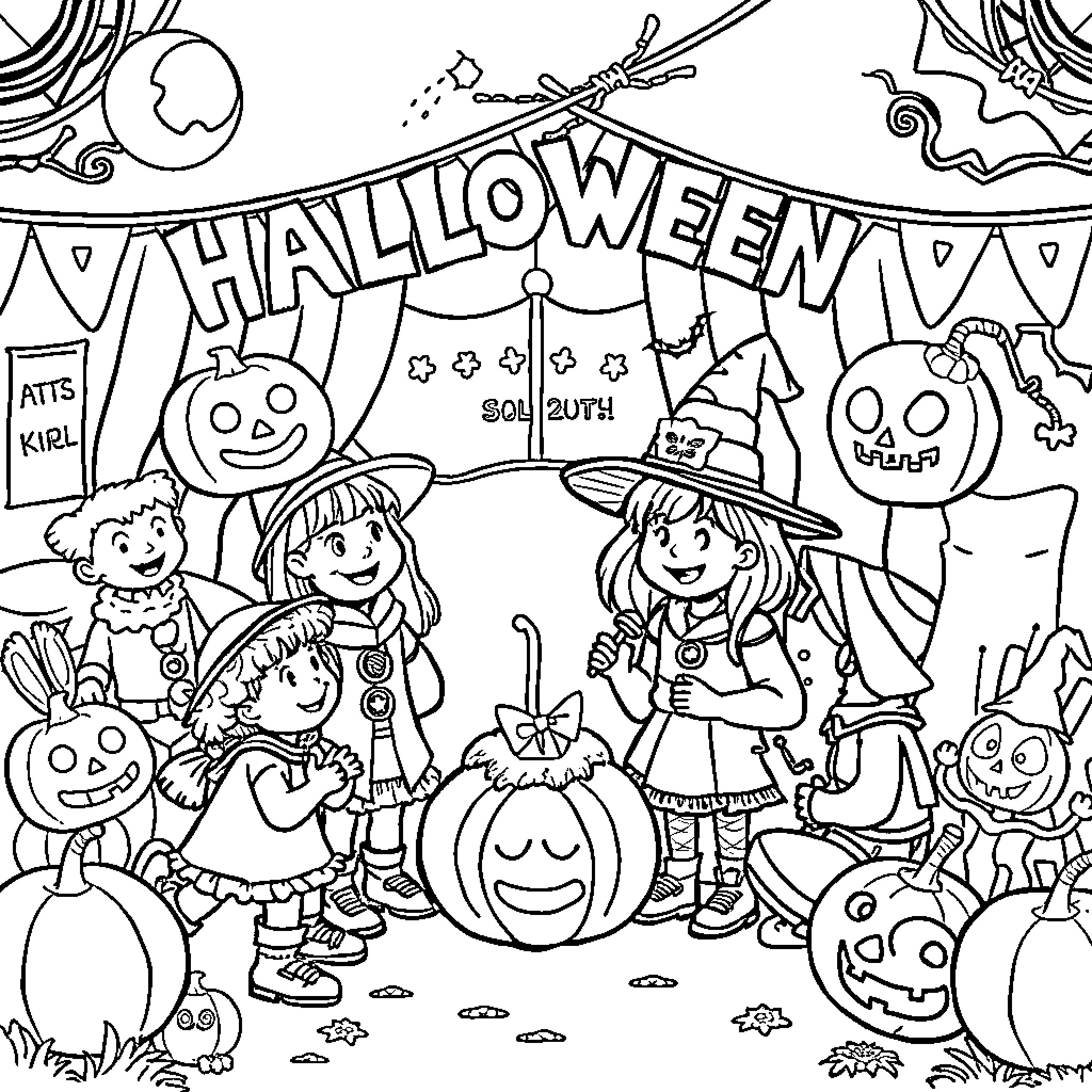 Girl Scouts Celebrating Halloween with Costumes and Decorations Coloring Page (free black-and-white line drawing printable PDF for all, from beginners to advanced learners, including children, teens, adults, and seniors)